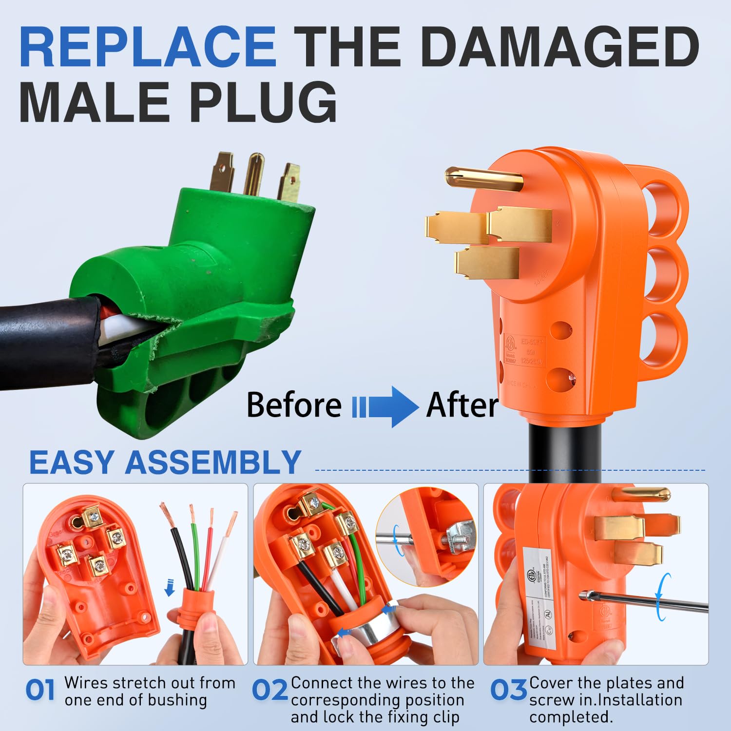 Nilight 50 Amp Rv Male And Female Plug Set 14-50P And 14-50R Receptable 125V/250V Volt Heavy Duty Electrical Camper Etl Listed F