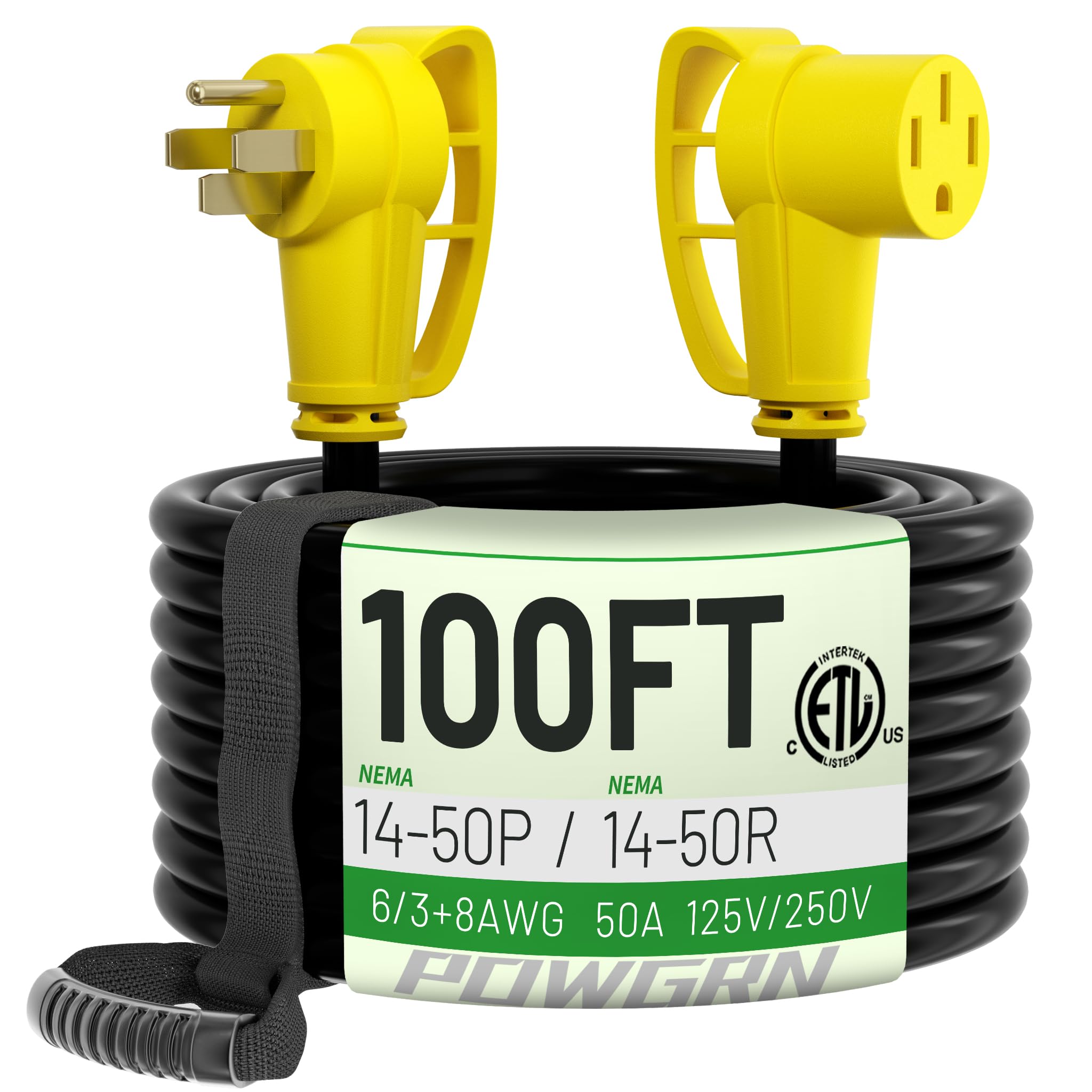 Powgrn 50 Amp Rv/Ev Extension Cord 100 Ft Outdoor With Grip Handle, Flexible Heavy Duty 6/3+8/1 Gauge Stw 4 Prong Rv Power Cord