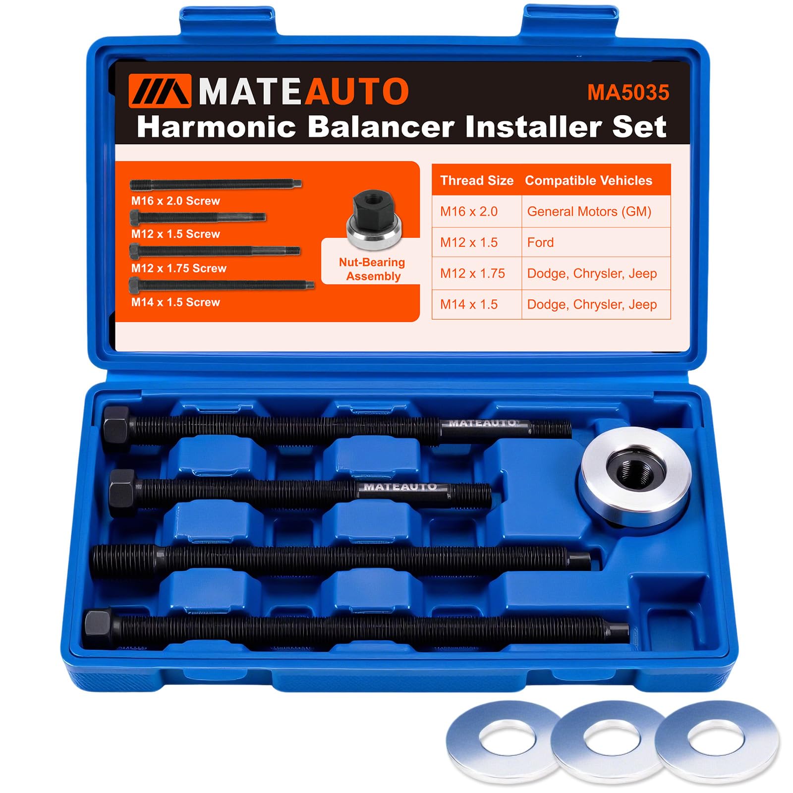 MateAuto 5Pcs Harmonic Balancer Installer Set, Long Reach Crank Pulley Underdrive Pulley Damper Installation Tool Kit with 4 Ada
