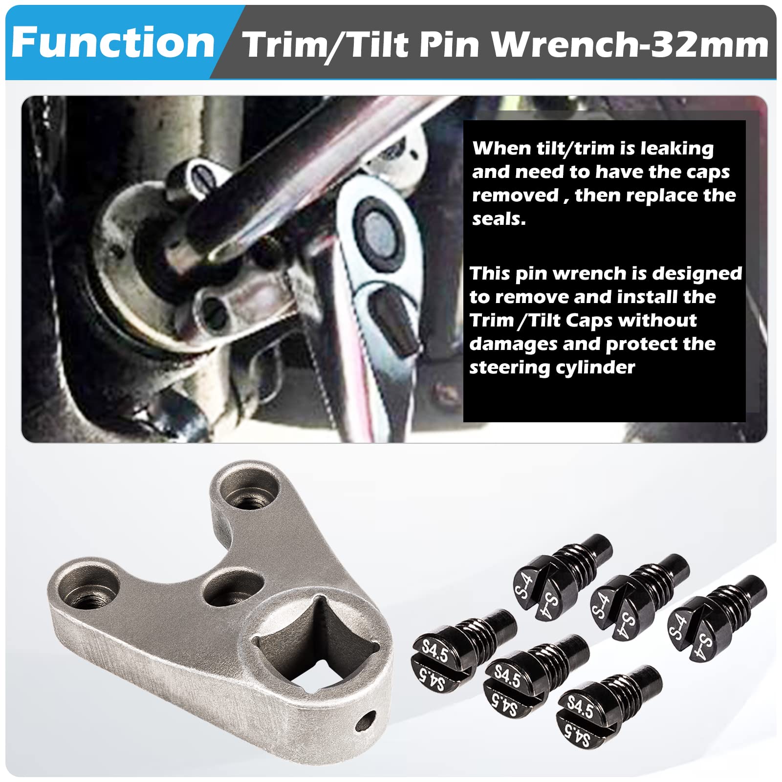Sunluway Trim/Tilt Pin Wrench for Yamaha Suzuki Honda Outboards - MT0006-32mm x 4/4.5mm, Hydraulic Cylinder Cap Removal Tool