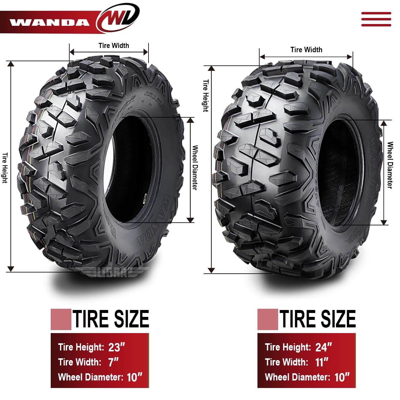 Wanda Full Set Atv Tires 23X7-10 23X7X10 & 24X11-10 24X11X10 Bighorn Style