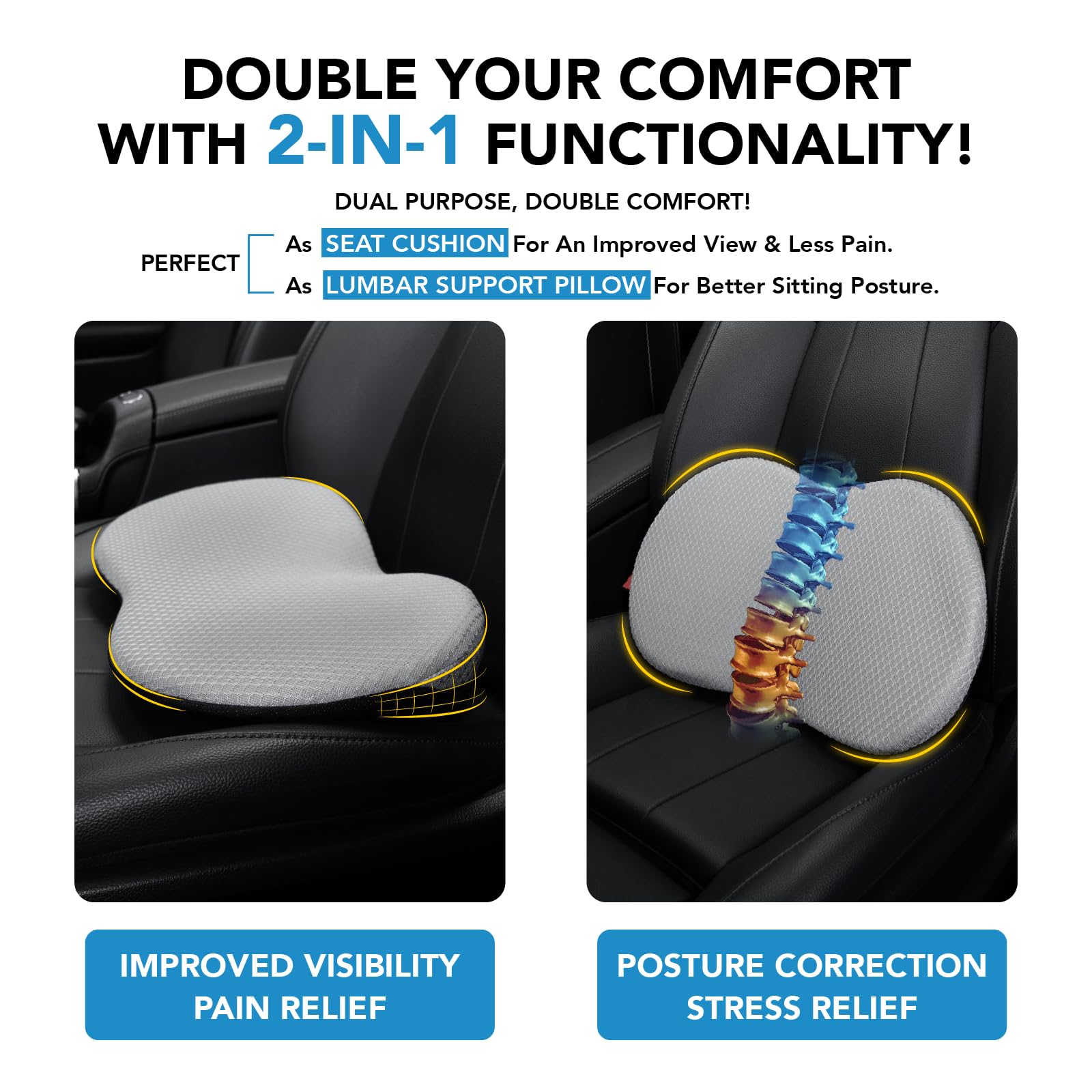 kingphenix Memory Foam Wedge Car Seat Cushion for Driver - Sciatica Relief, 17.5x10.5 inches, Gray, Best Car Seat Cushion