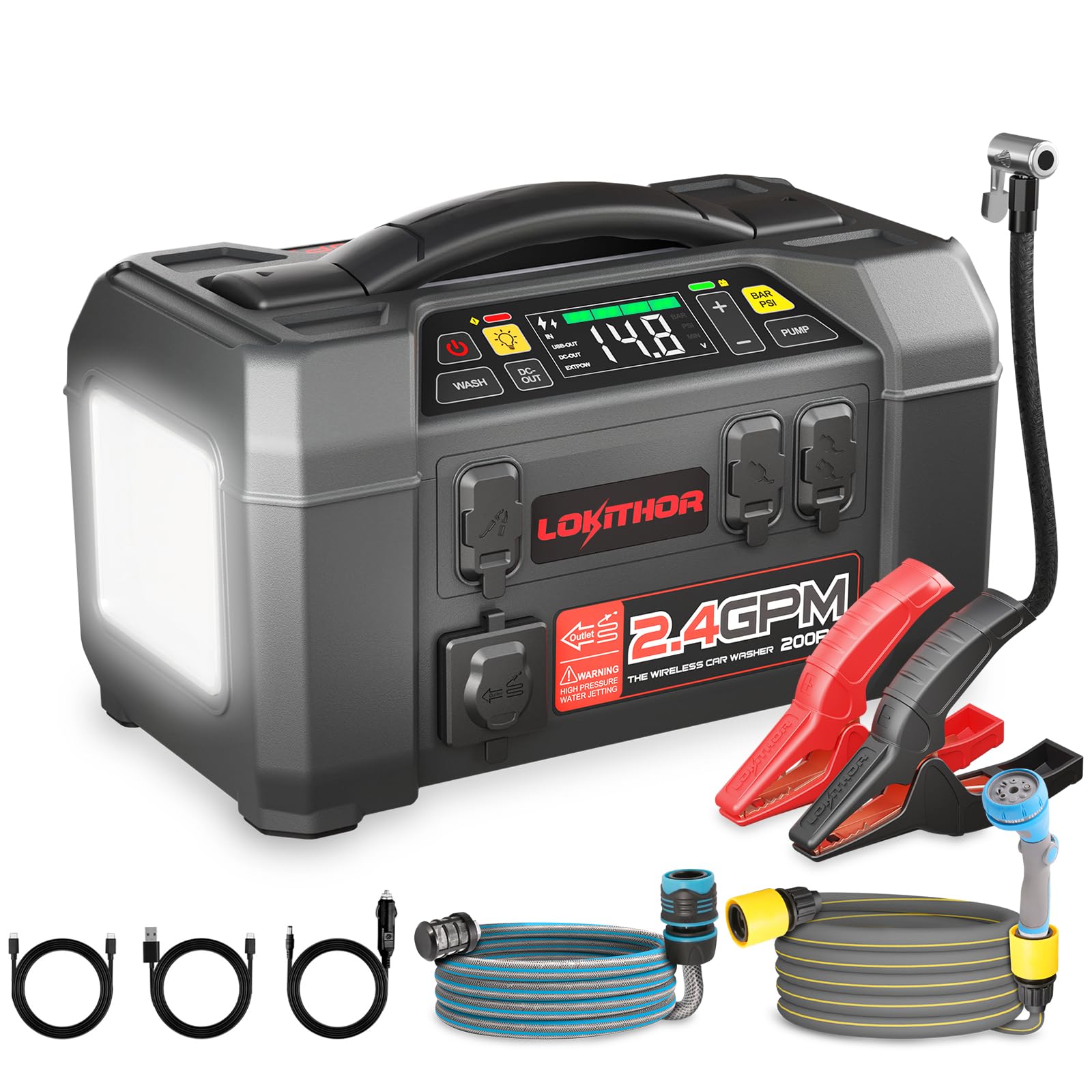 LOKITHOR AW401 2500A 12V Jump Starter for Up to 8.5L Gas or 6.5L Diesel, 1.5MPA Outdoor Camping Shower with Multi-use Sprayer, 2