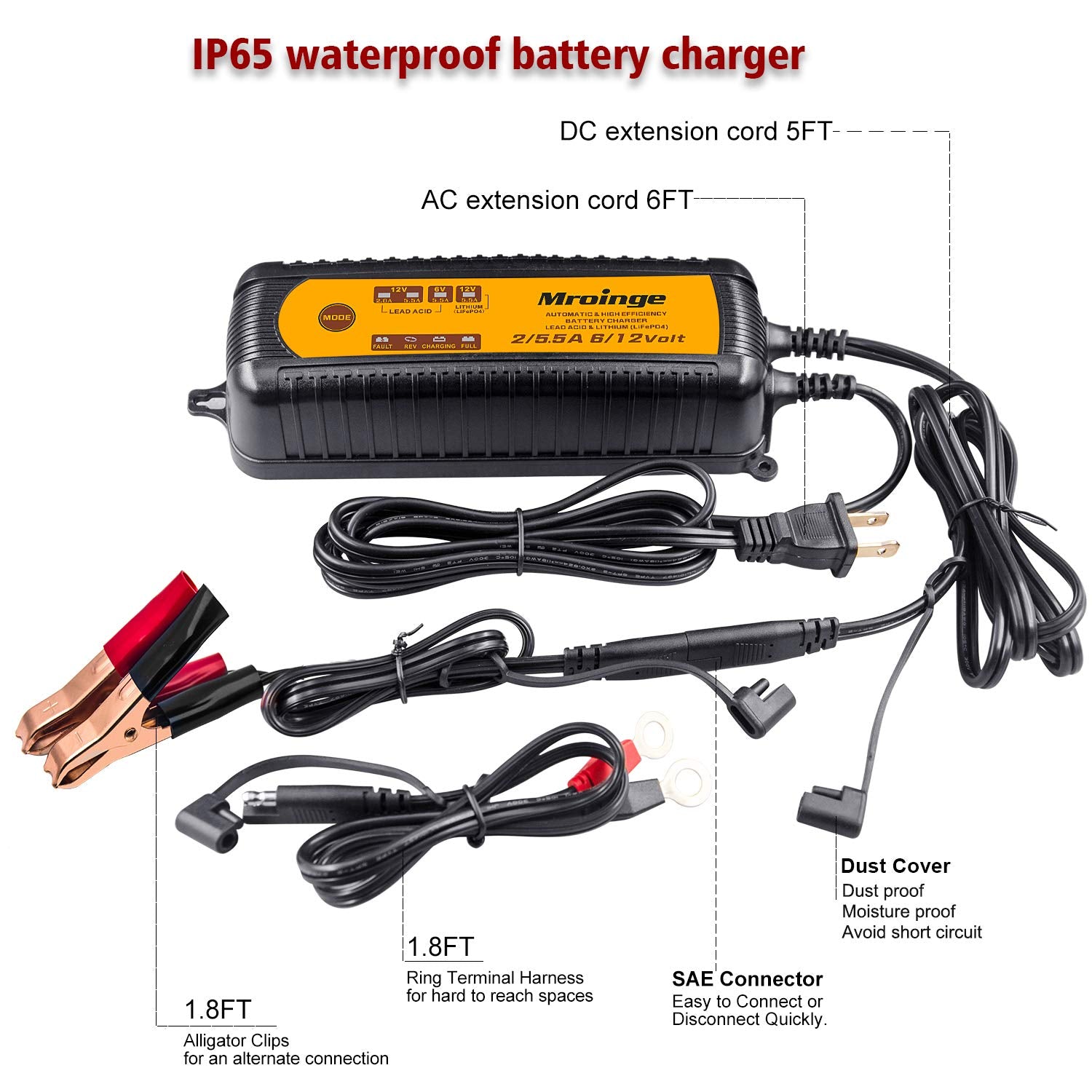 Mroinge Mbc055, 6V/12V 5.5A Smart Vehicle Battery Charger Maintainer For Cars Motorcycles Rvs Tvs Boat For Normal Lead Acid Gel