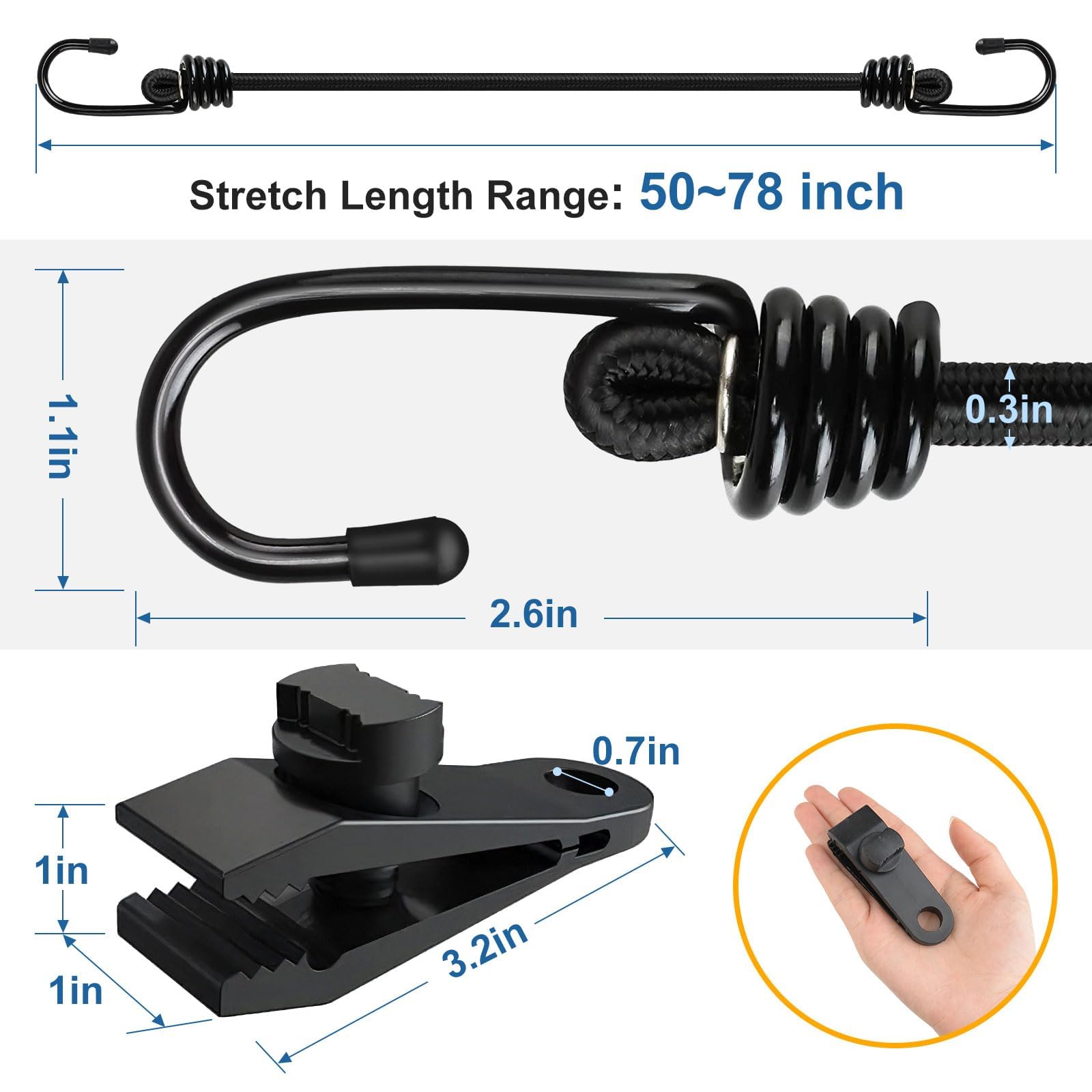 4PCS 50 Inch Car Cover Gust Straps Wind Protector, Heavy Duty Outdoor Bungee Cords Hook Clips Kit for Securing Cargo, Luggage, C
