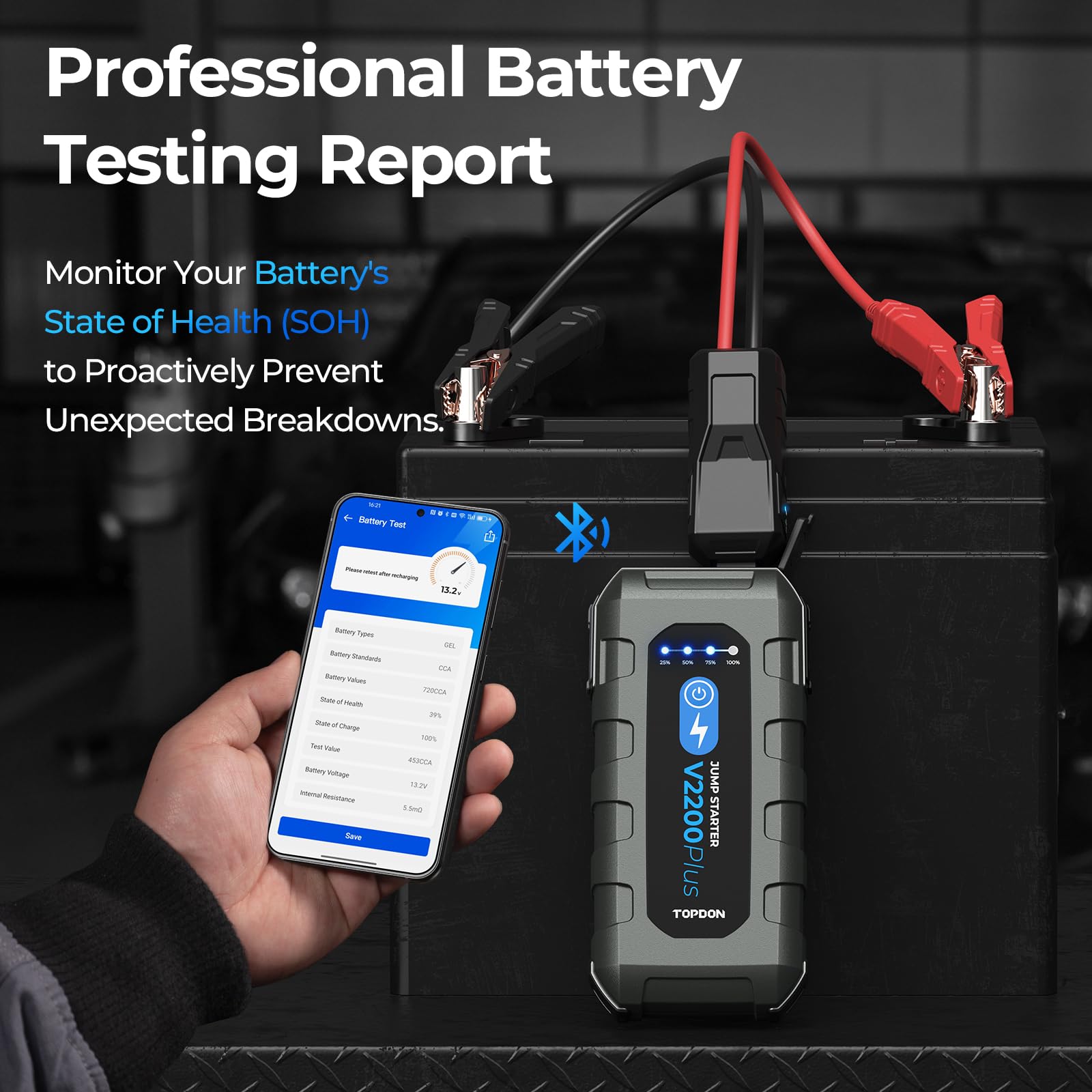 Car Battery Jump Starter And Battery Tester Topdon 2-In-1 2200A Peak Jump Starter For Up To 8L Gas/6L Diesel Engines 12V Portabl