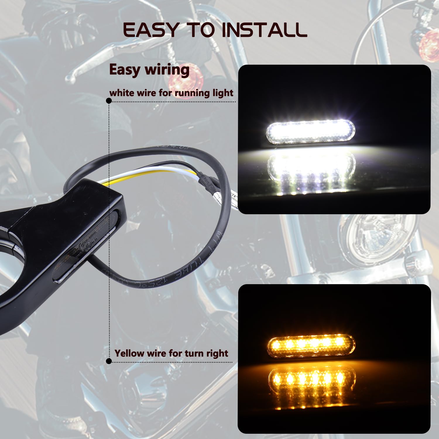 MotoParAcc Switchback Sequential Front Fork LED Turn Signals with Relocation Kit, Motorcycle Running Lights for 39-41mm Front Mo