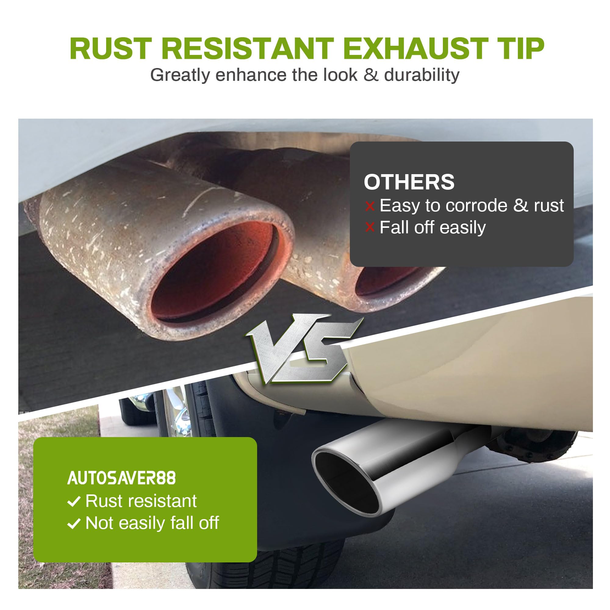 AUTOSAVER88 Exhaust Tip - 2.5" Inlet, 4" Outlet, 9" Long, Chrome-Plated Stainless Steel, Rolled Angle Cut, Bolt-On, Silver