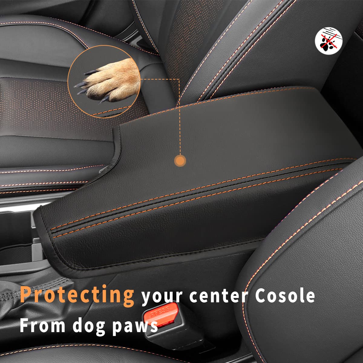 INTGET Car Armrest Cover for Subaru Crosstrek & Impreza 2017-2023, Leather, Black with Orange Stitches, Model 103162-P