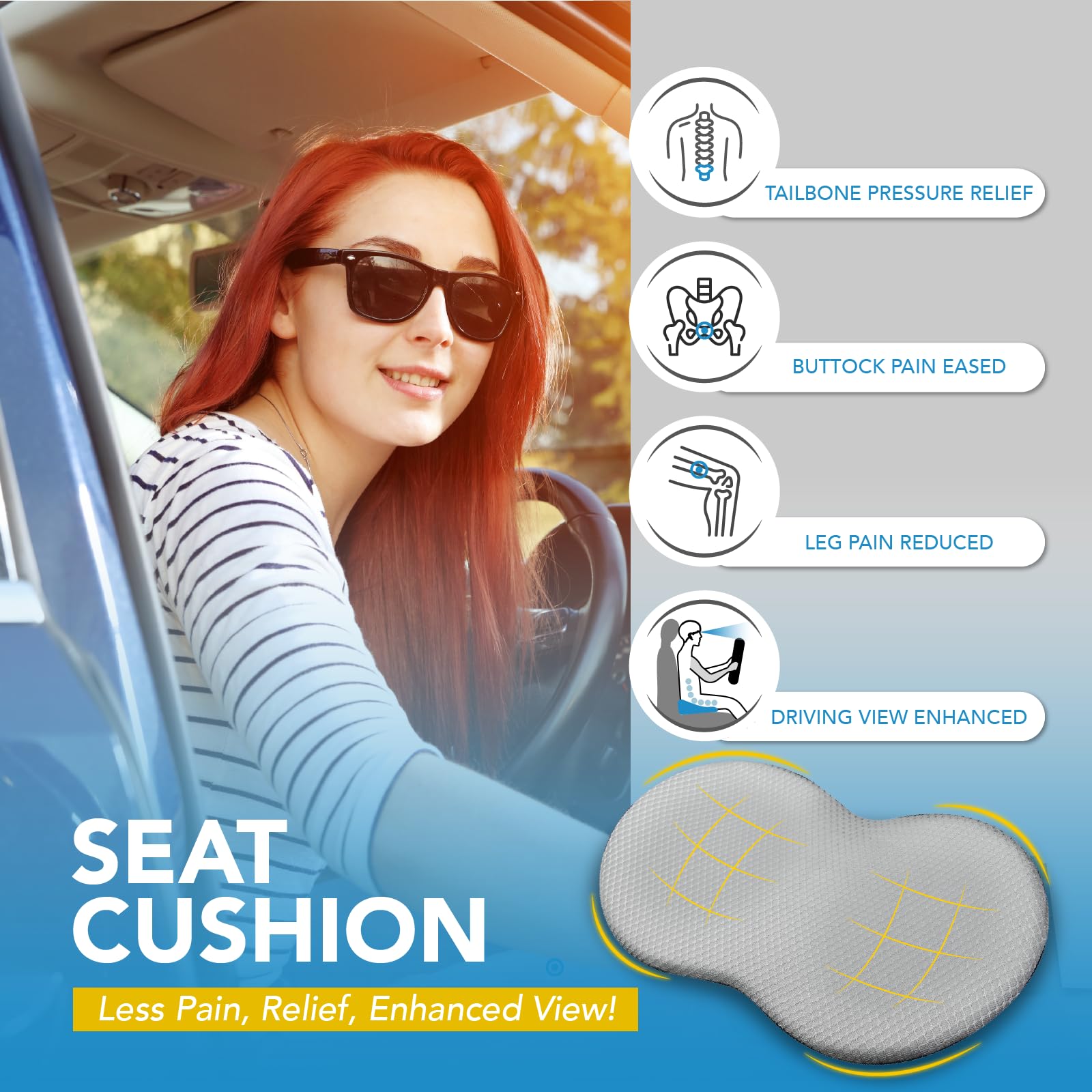 kingphenix Memory Foam Wedge Car Seat Cushion for Driver - Sciatica Relief, 17.5x10.5 inches, Gray, Best Car Seat Cushion