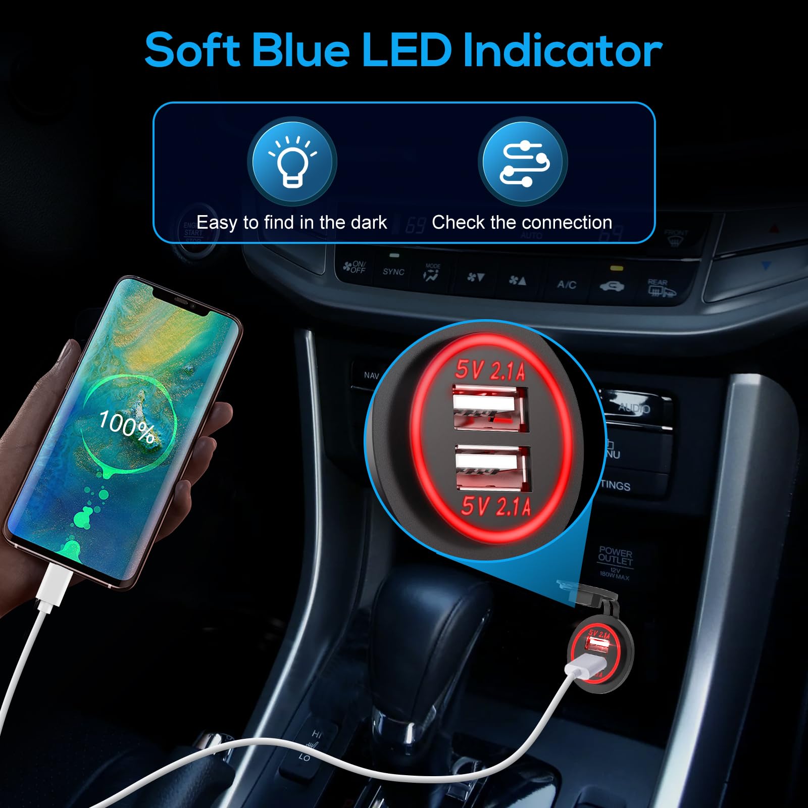 Linkstyle 12V Usb Outlet, Dual 5V 2.1A Usb Charger Socket, Waterproof Power Outlet With Red Led, Usb Car Socket Dual Charging Po