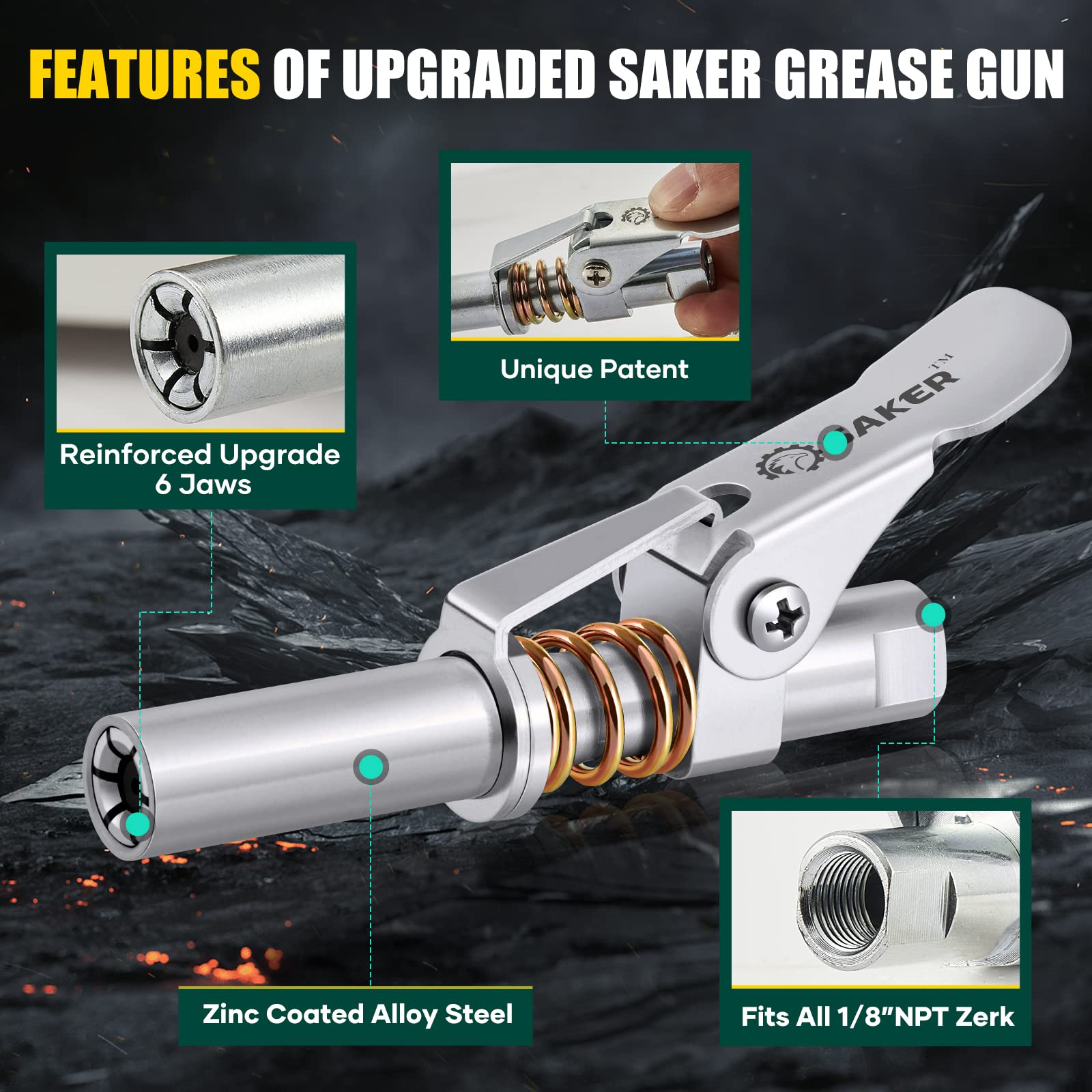 Saker Grease Gun Coupler - Compatible with 1/8" NPT Fittings, Upgraded for 14000 PSI, New Version 1PC