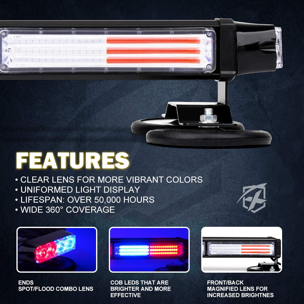Xprite Strobe Light Bar - Red Blue COB LED, 14.5" Magnetic Base, Model SL-C108M-G2-RB, Emergency Warning Beacon for Vehicles