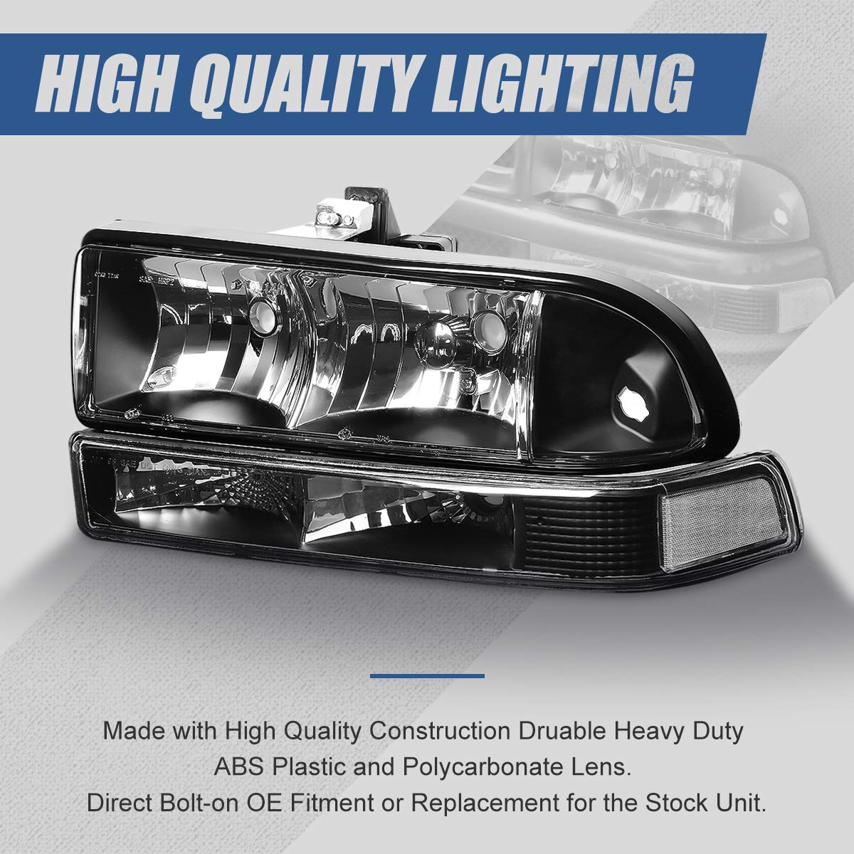 Auto Dynasty Headlights Assembly Bumper Lamps 4Pcs Factory Style Halogen Model Headlamps Replacement Compatible With Chevy S10 Blazer 1998-2004, Driver And Passenger Side, Black Housing Amber Corner