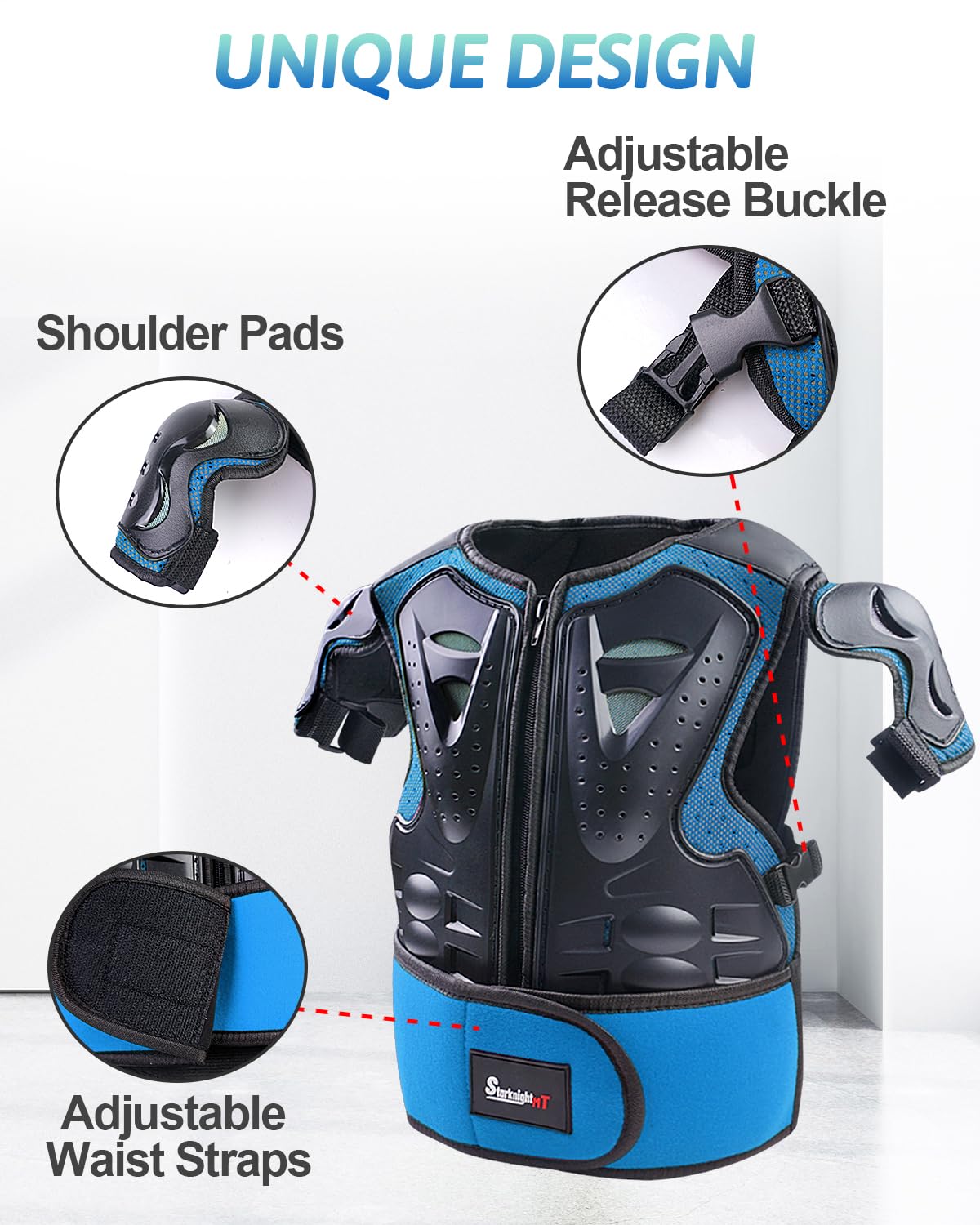 StarknightMT Kids Motorcycle Armor Suit - Protective Gear with Chest, Spine, Elbow, Knee Pads - Blue - Model AAX016