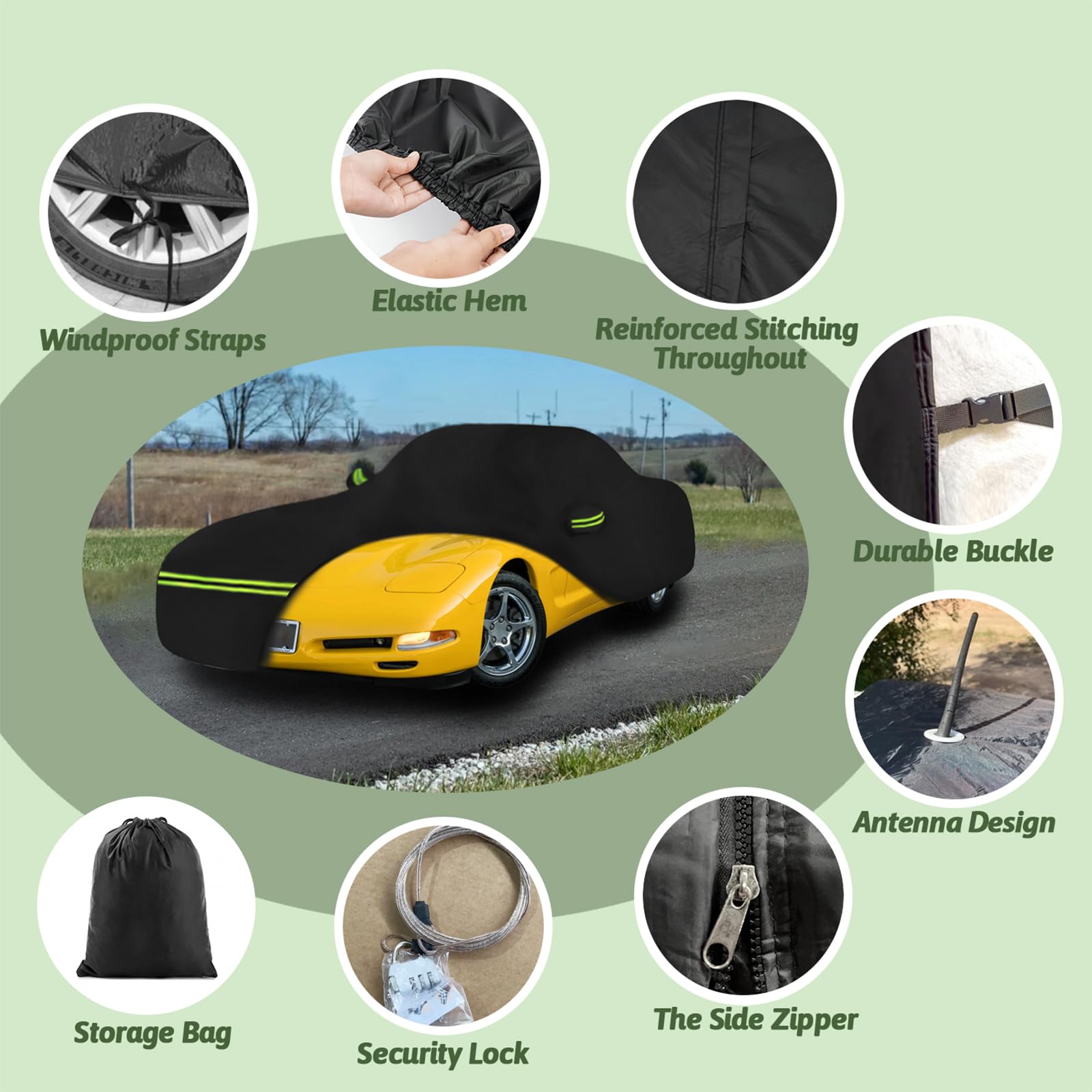 Car Cover for 1997-2004 Corvette C5, 6 Layers 210T Sun Rain UV Dust Snow Protection Outdoor Car Cover with Zipper Door and Windp