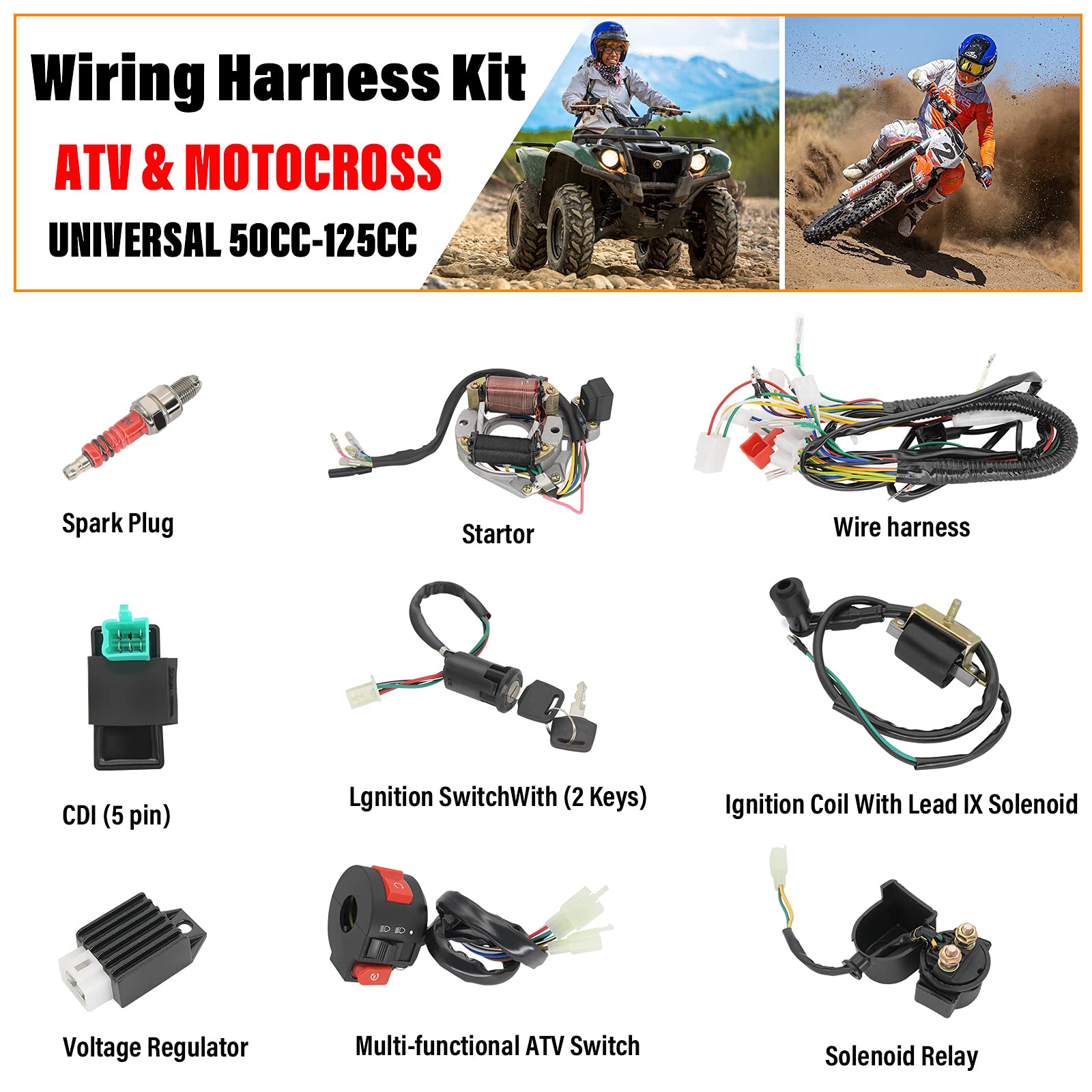 LEIMO KPARTS Complete Electrics Stator Coil CDI Wiring Harness for 4 Stroke ATV - OEM-3047, Plastic, Fits 50cc-125cc Models