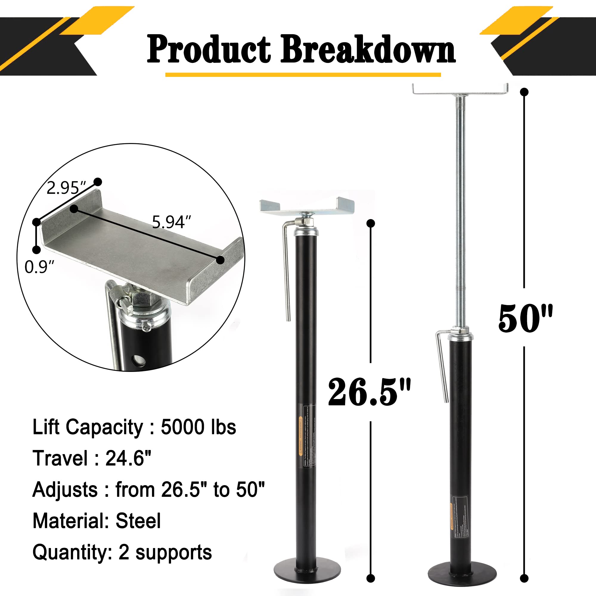 LUSHIH RV Slide Out Support Trailer Stabilizer Jacks, RV Camper Accessories for Travel Trailers - 26.5'' to 50'' - 5000 Lbs Each