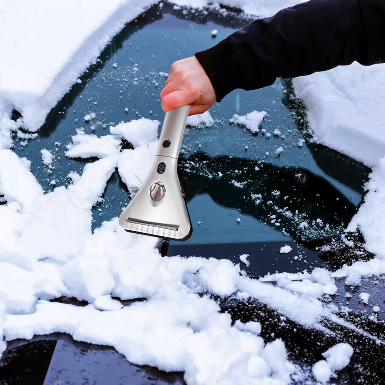 ZONETECH Heated Car Window Ice Scraper with LED Light, 12V, Silver, Model SN0009, Auto Windshield Frost Remover