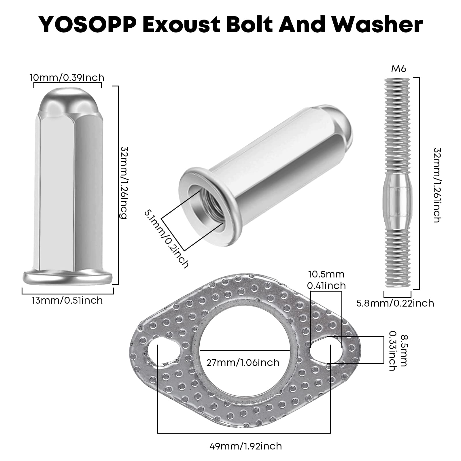YOSOPP GY6 Exhaust Bolt Nuts Exhaust Gasket for Scooters ATVs GMB139 Engine Moped Quad 4 Wheeler Dune Buggy Go Karts Taotao Sunl
