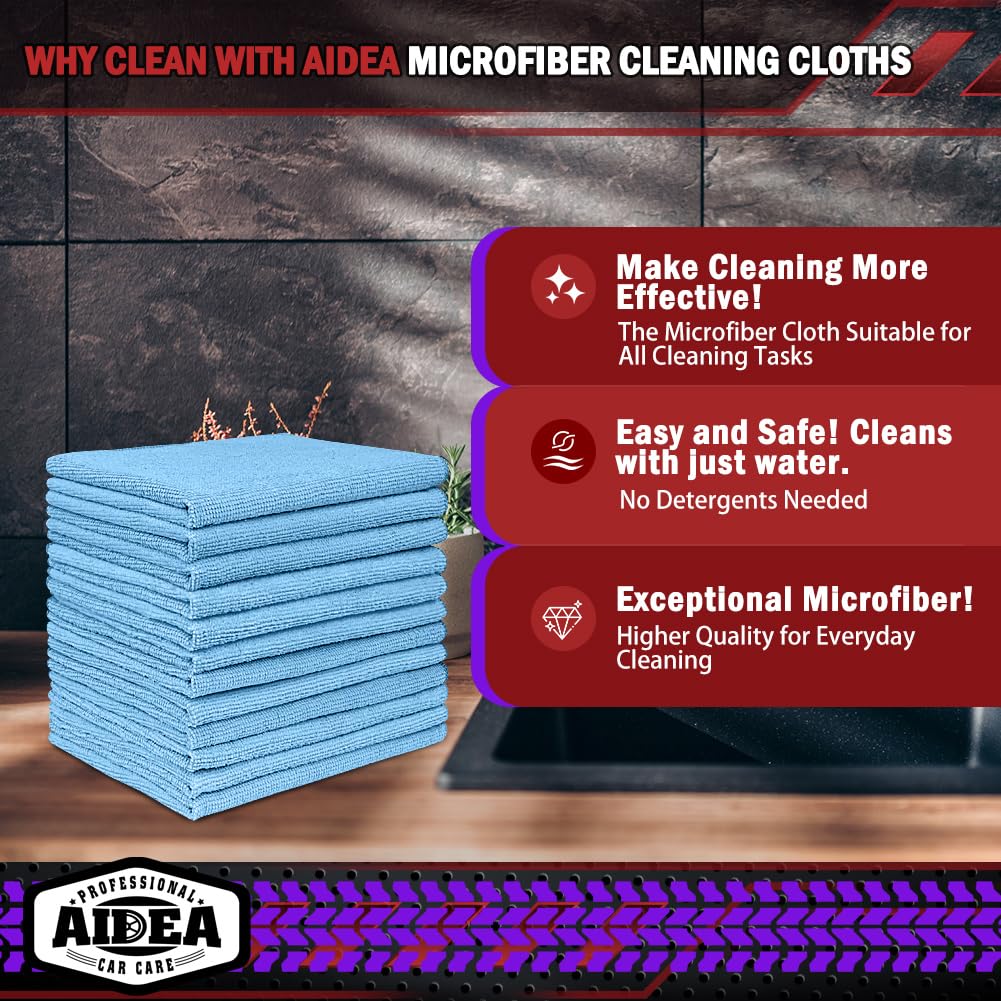 Aidea Microfiber Cleaning Cloth, 50Pk, Blue Shop Rags, Microfiber Towels For Cars, Dusting Cloth Lint Free Rags, Absorbent Towel