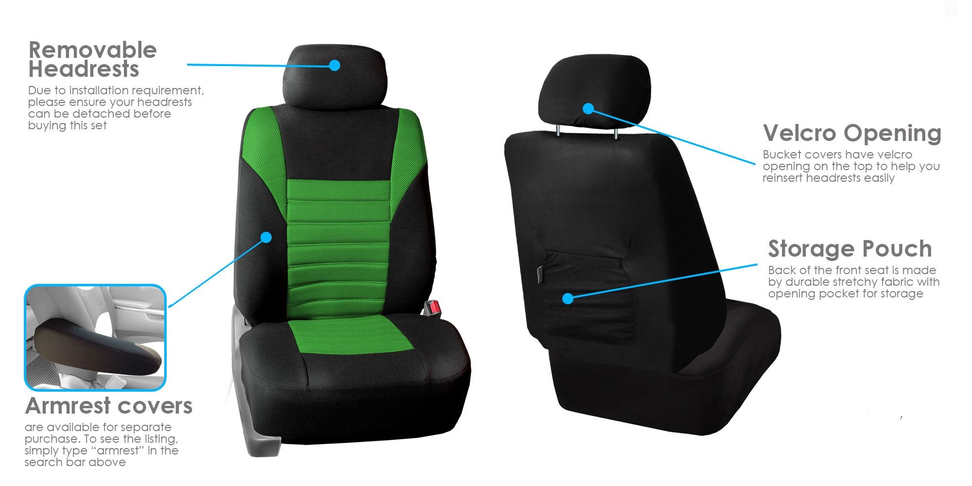 Fh Group Automotive Car Seat Covers Full Set Premium 3D Air Mesh Green And Black Seat Covers, Airbag Compatible And Split Bench