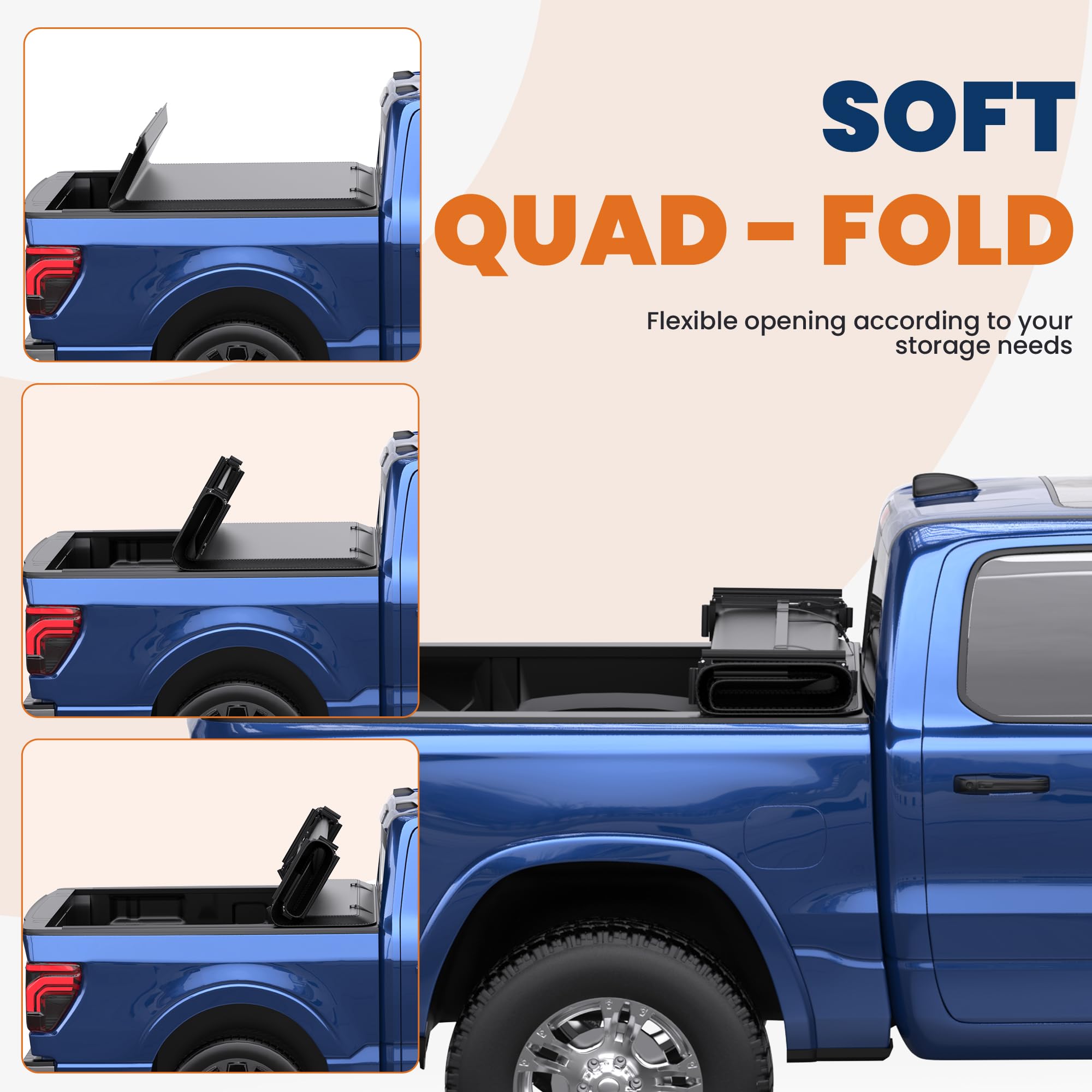 KUIPERAUTO Quad 4-Flip Tonneau Cover for 2015-2026 Ford F150, 5.5FT Vinyl, Model K102GB101, 67inch Styles