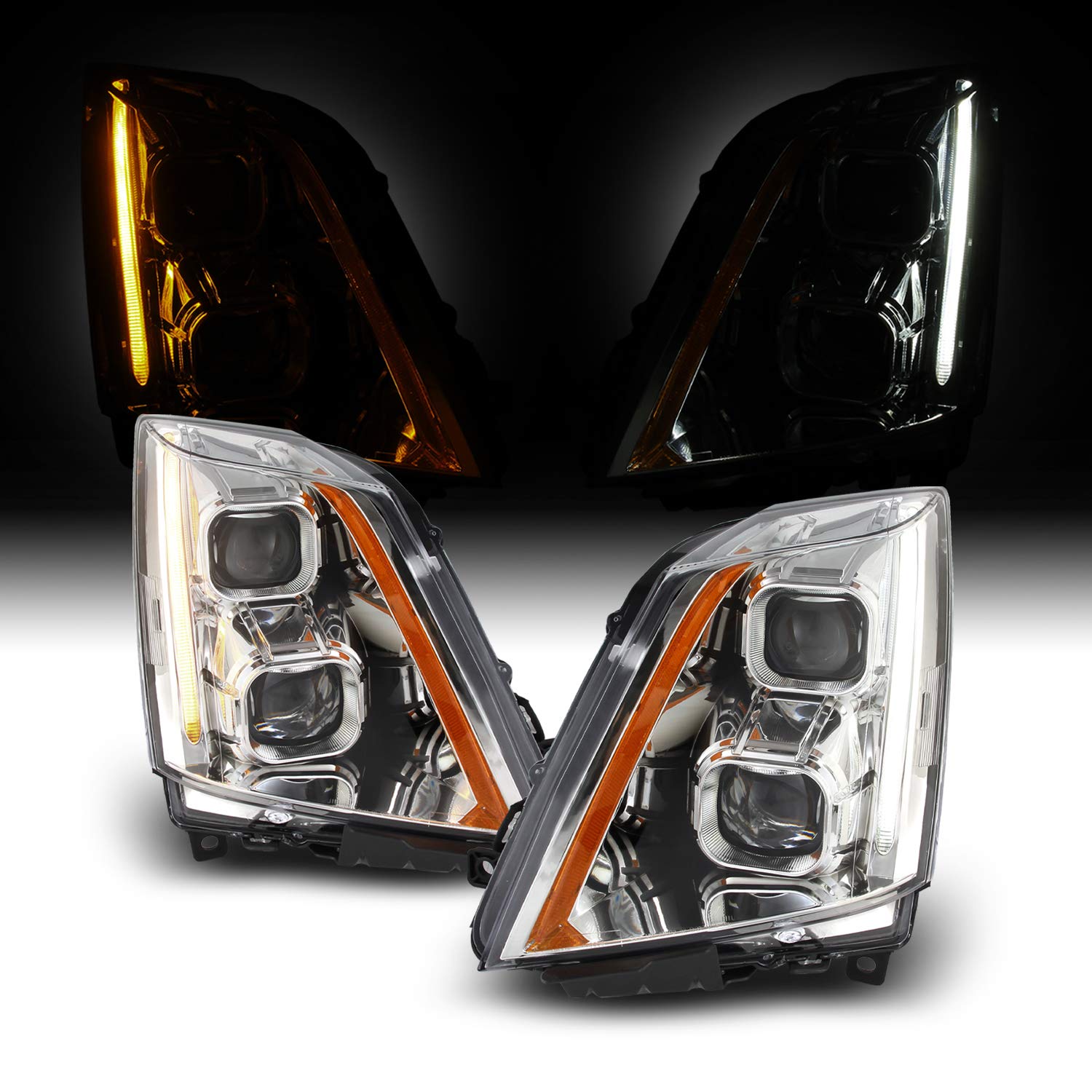 AKKON - For 2008-2014 Cadillac CTS Halogen Model Dual Projector Chrome Housing Switchback LED Headlights