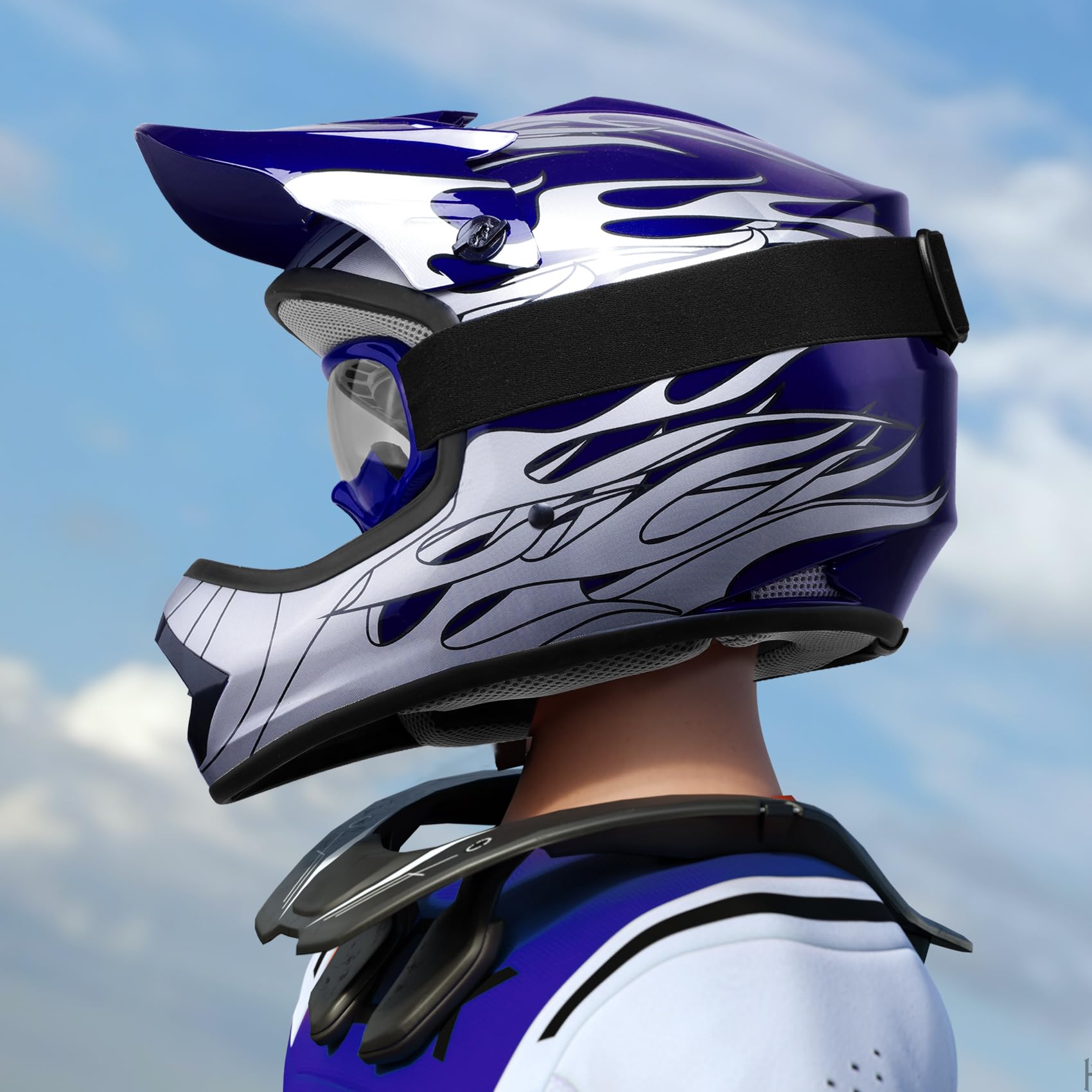 TCMT Dot Youth & Kids Motocross Offroad Street Blue Flame Motorcycle Youth Helmet Dirt Bike Motocross ATV Helmet+Goggles+Gloves