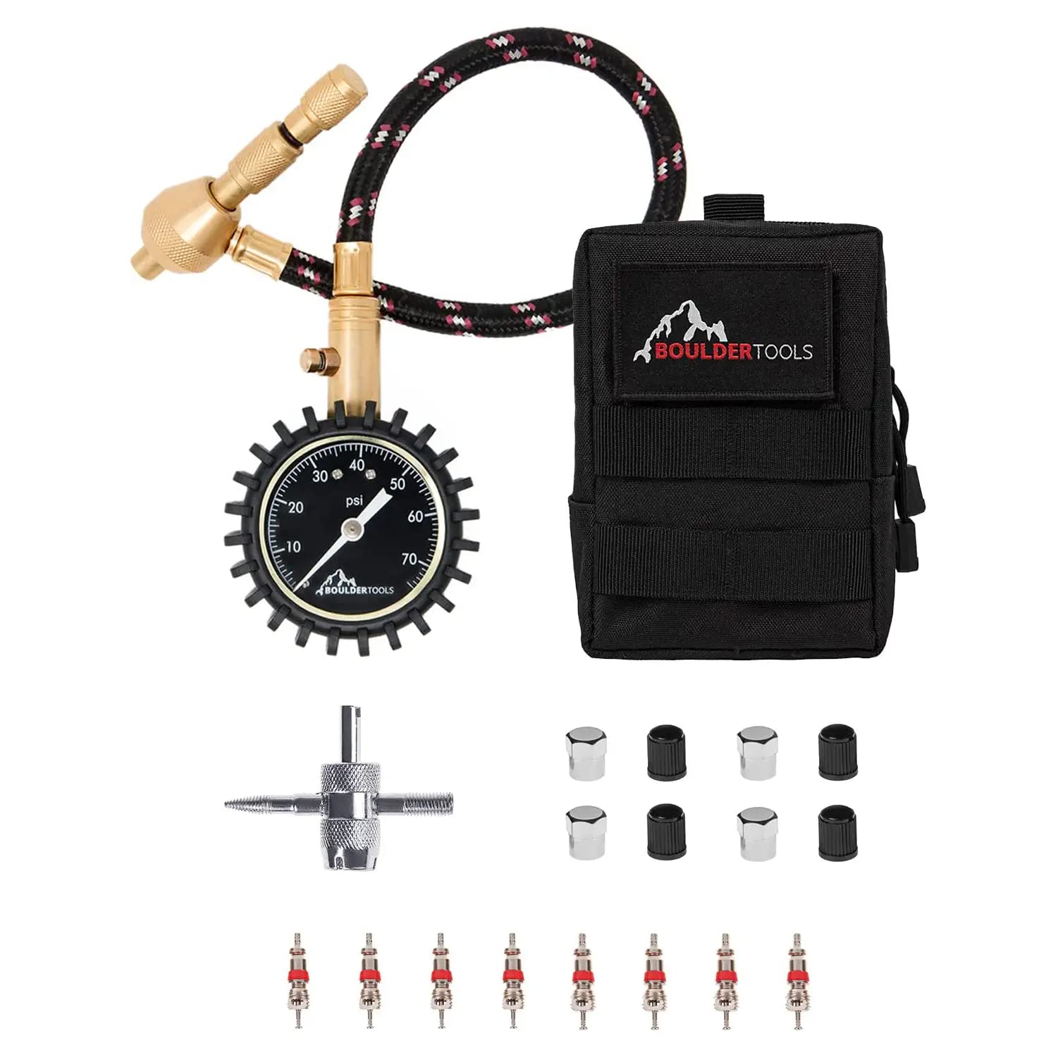Boulder Tools Heavy Duty Rapid Tire Deflator & Molle Pouch - Precision Release Button Air Down Offroad Kit - Glows In Dark, Bonus: Valve Caps, Cores, Repair Tool | Quickly Deflate 4X4 Off Road Tires