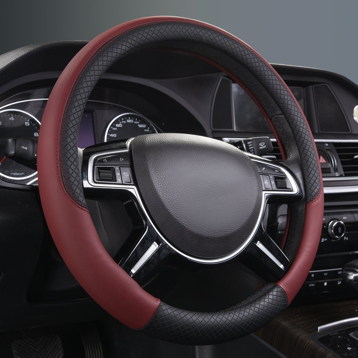Car Pass Rhombus Leather Universal Steering Wheel Cover, Fit For Suvs,Trucks,Cars,Sedans,Vans (Black&Burgundy)