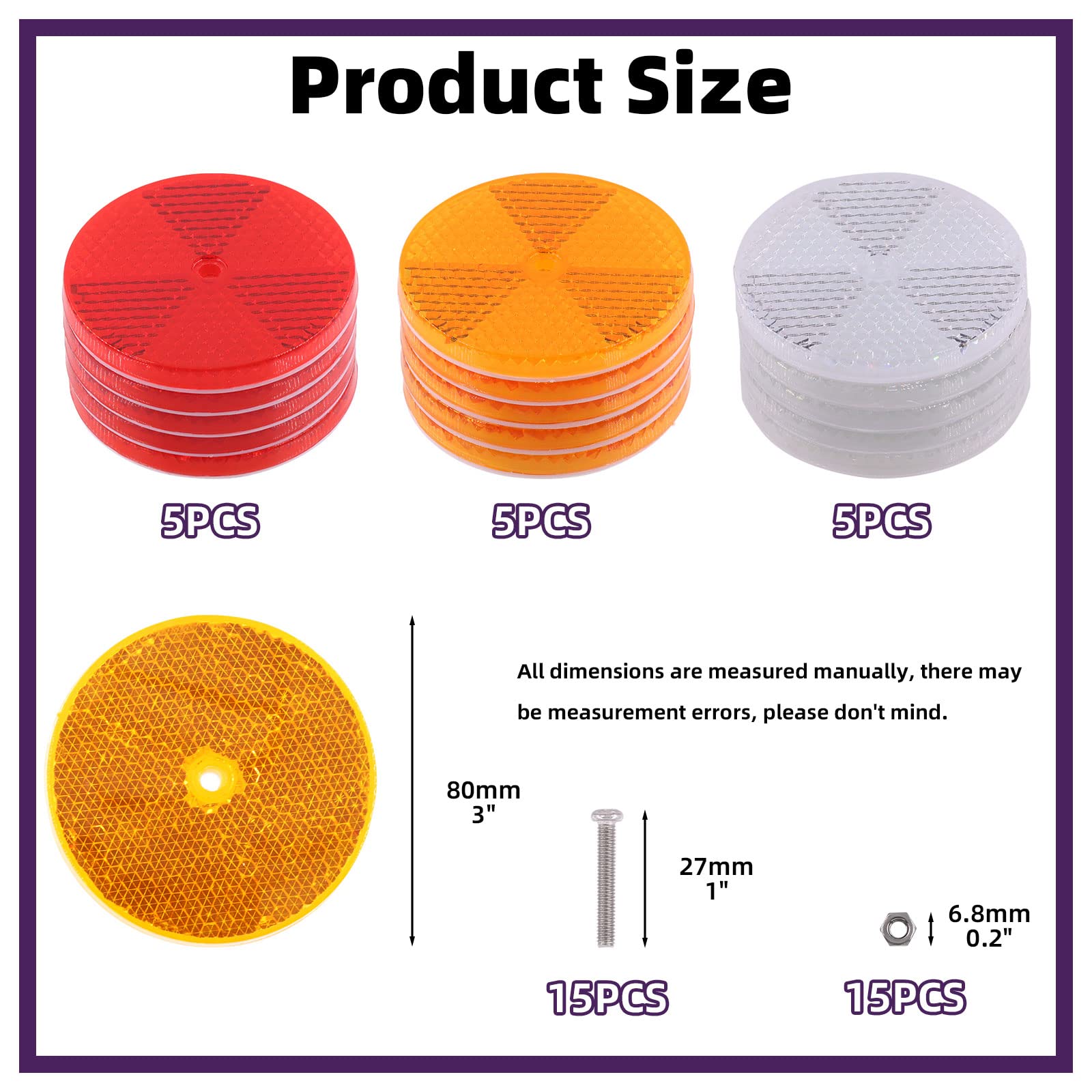 Swpeet 45Pcs Round Front Reflector Driveway Trailer Reflectors, 3 Colors Of Reflective Mailbox Reflector With Center Mounting Ho