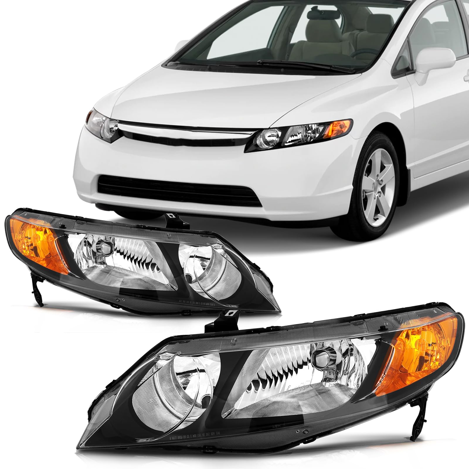 SCITOO Headlights For Honda Civic Sedan 4Dr 2006-2011 Headlamps Black Housing Amber Reflector Clear Lens Driver and Passenger Si