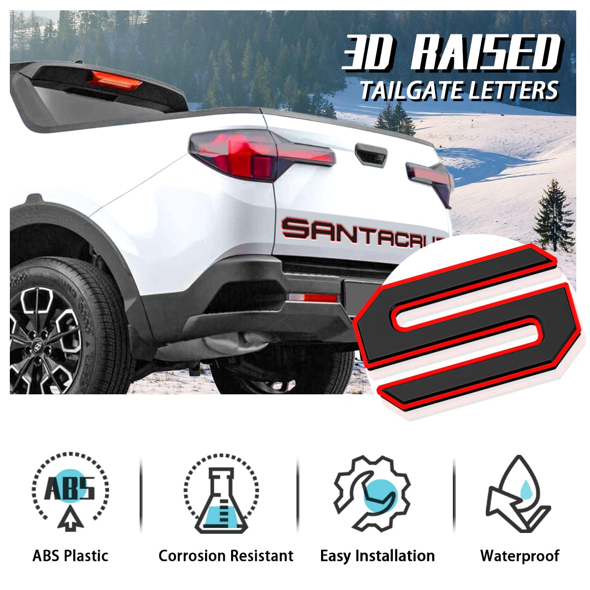 HMHN Tailgate Inserts Letters - 3D Raised Decals for 2022-2025 Santa Cruz, Black Red, Strong Adhesive, Model SS-SKLS-119