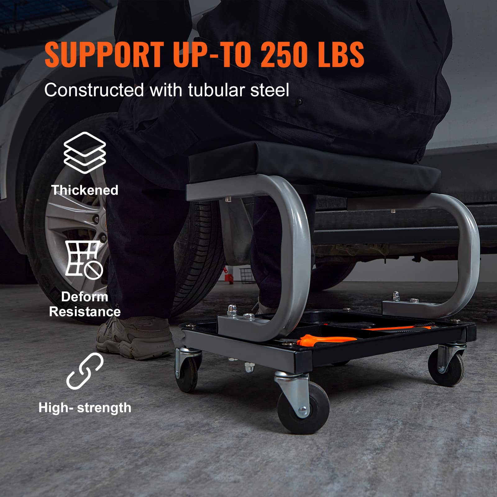 Vevor Rolling Creeper Garage/Shop Seat, 250 Lbs Capacity Padded Rolling Workshop Stool With Tool Tray Storage, Mechanic Stool For Garage, Shop, Auto Repair, Black