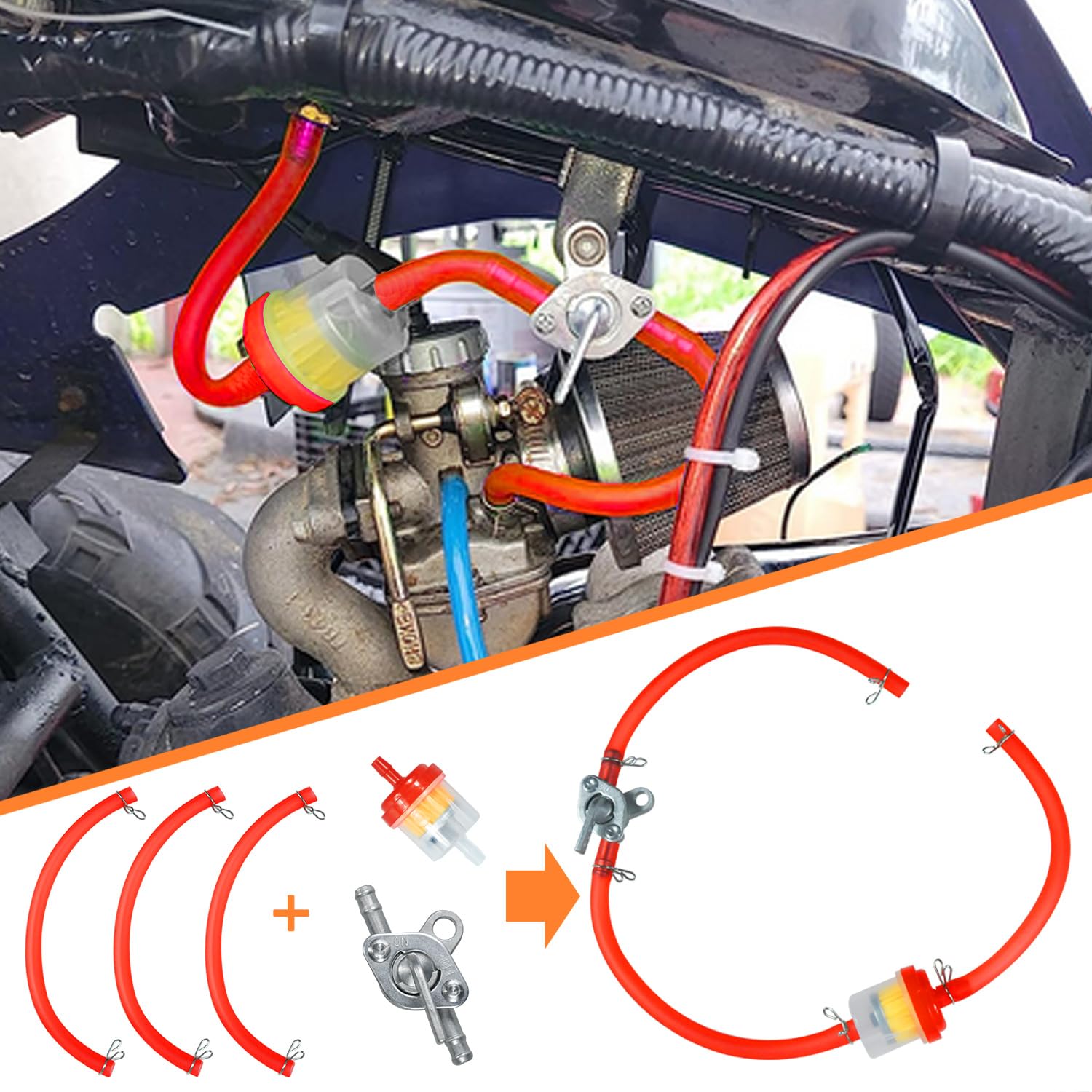 HOLATO Gas Fuel Line Hose Clamps & Fuel Filters Set with Inline Shut Off Valve for 50cc-150cc ATV, Medium, Red, Model HLT-YG-KG