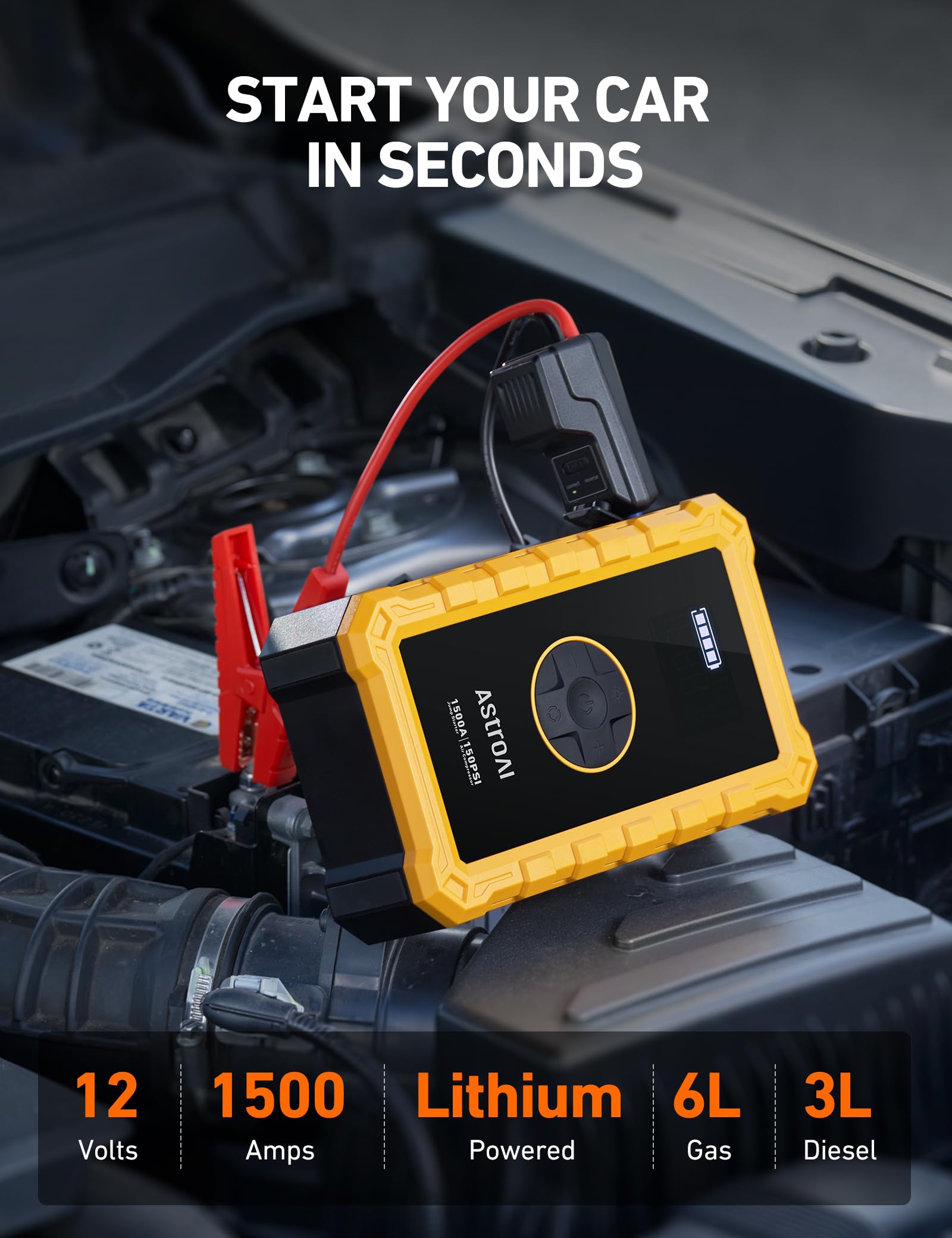 AstroAI S8 Air Jump Starter & Tire Inflator, 3000A Peak, 150PSI, Portable, Yellow