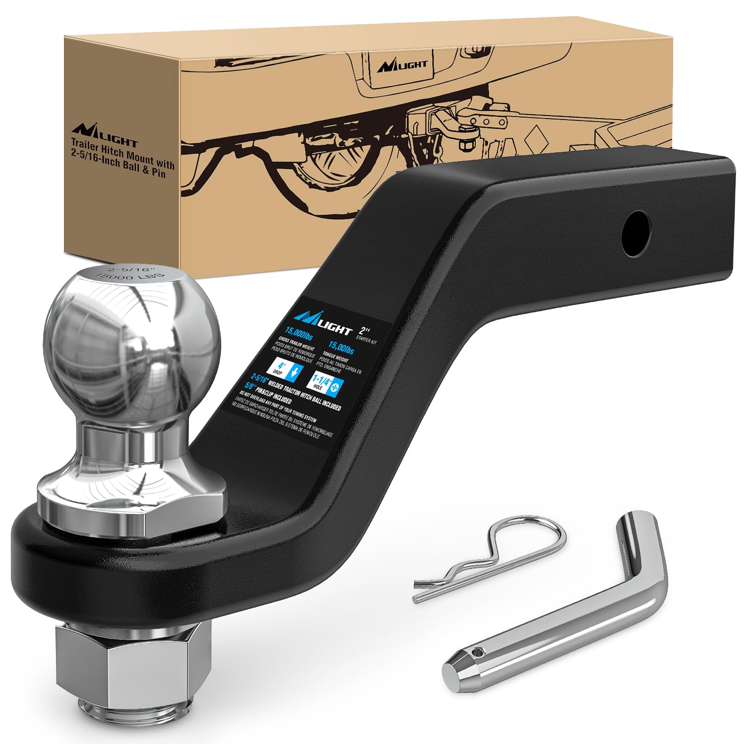 Nilight Forged Trailer Hitch Mount With 2-5/16-Inch Ball Fits 2 Inch Receiver Square 5/8'' Hitch Pin Clip 15000 Lbs 4'' Drop, 1-