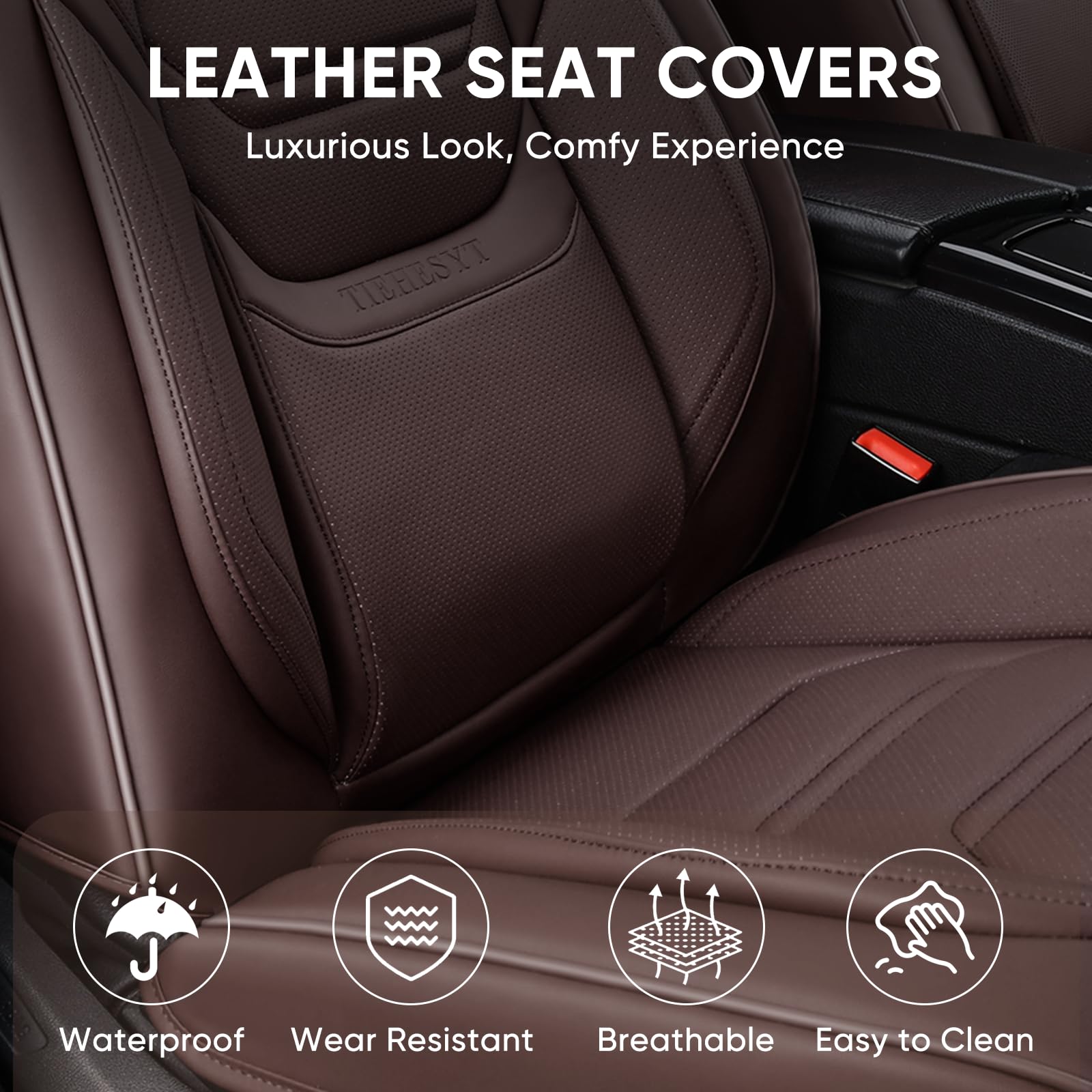 TIEHESYT Brown Car Seat Covers - Breathable Faux Leather Front Pair, Compatible with Most Vehicles, SUV