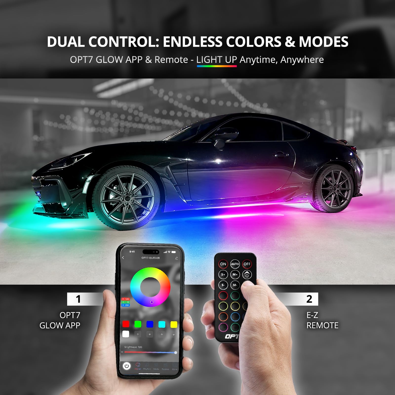 OPT7 Aura DreamColor Underglow Light Kit - 4 PCS Flexible RGBIC LED Strips, Silicone, Multi Colors, Music Mode, 12V, AURA-GLOW Model