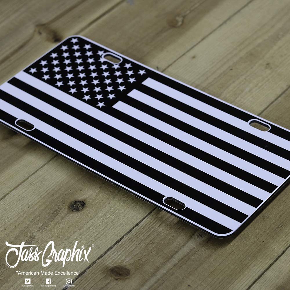 Jass Graphix American Flag License Plate Matte Black On 1/8'' White Aluminum Composite Heavy Duty Tactical Patriot Usa Car Tag (