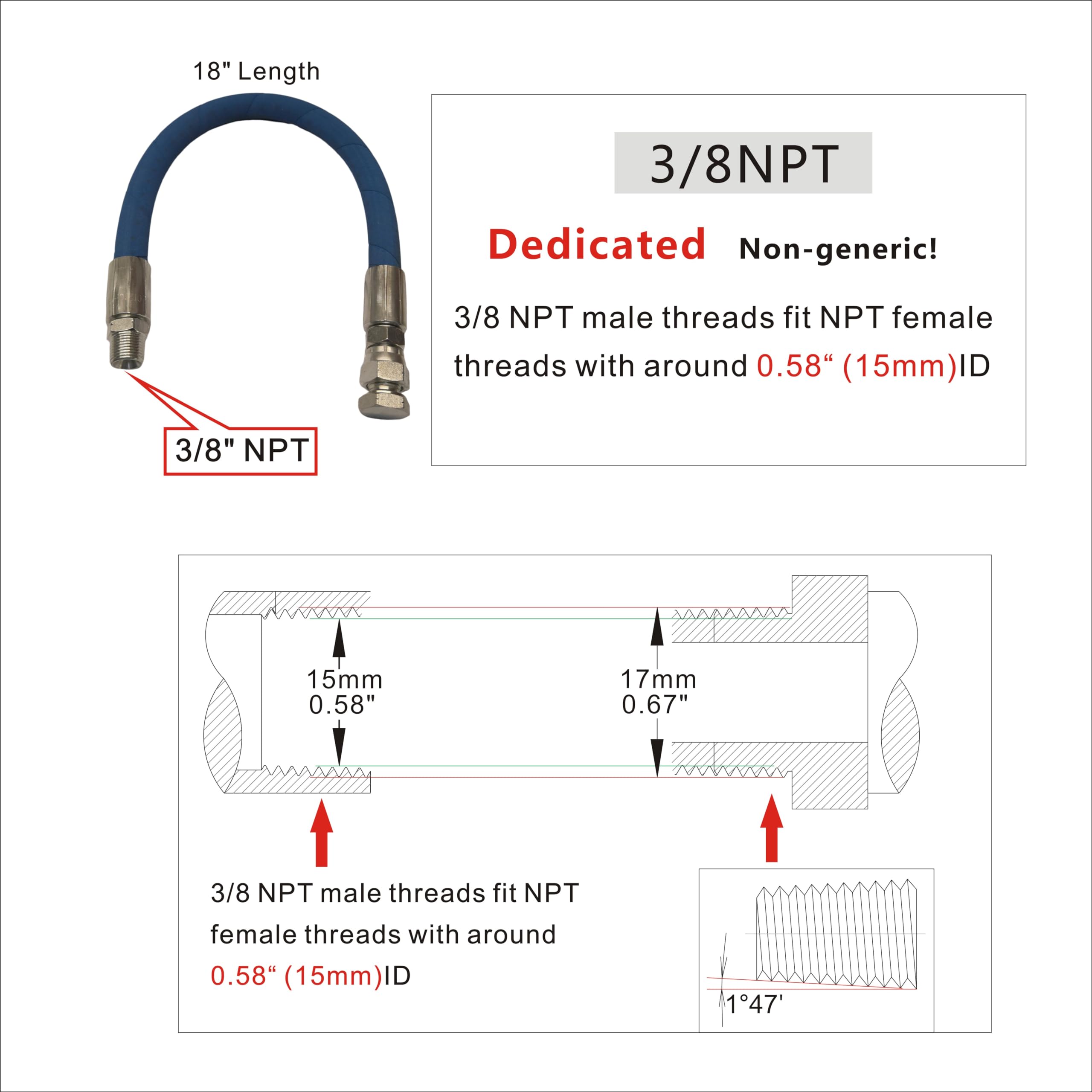 JXHONG Upgraded 3/8 NPT Engine Drain Port Oil Changing Hose, 18 Length, High-Temperature 300°F, Replaces STAN1438, Blue