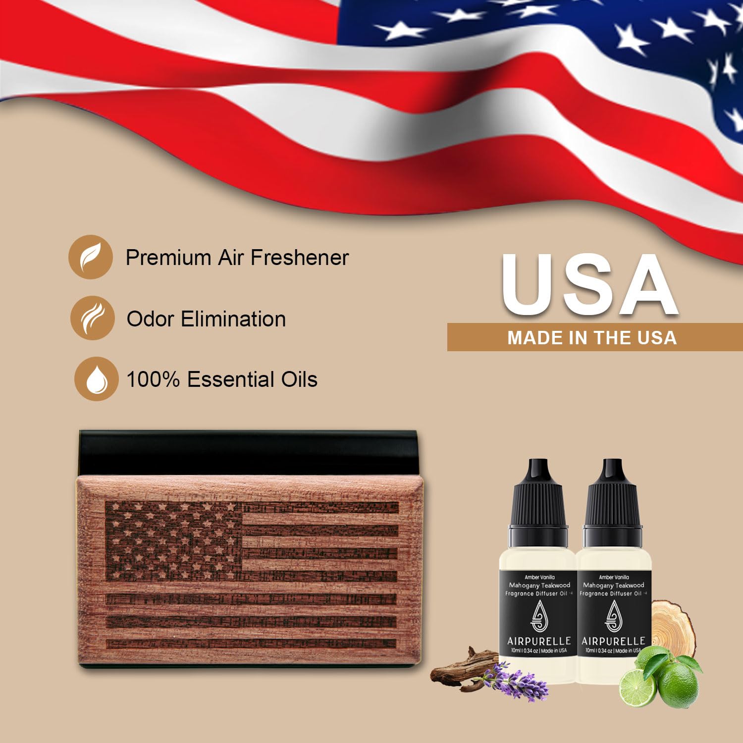 AirPurelle Car Air Freshener for Men - 100 Days Long Lasting with Citrus Musk Scent -Includes 2x 10ML Refills & Magnetic Clip -