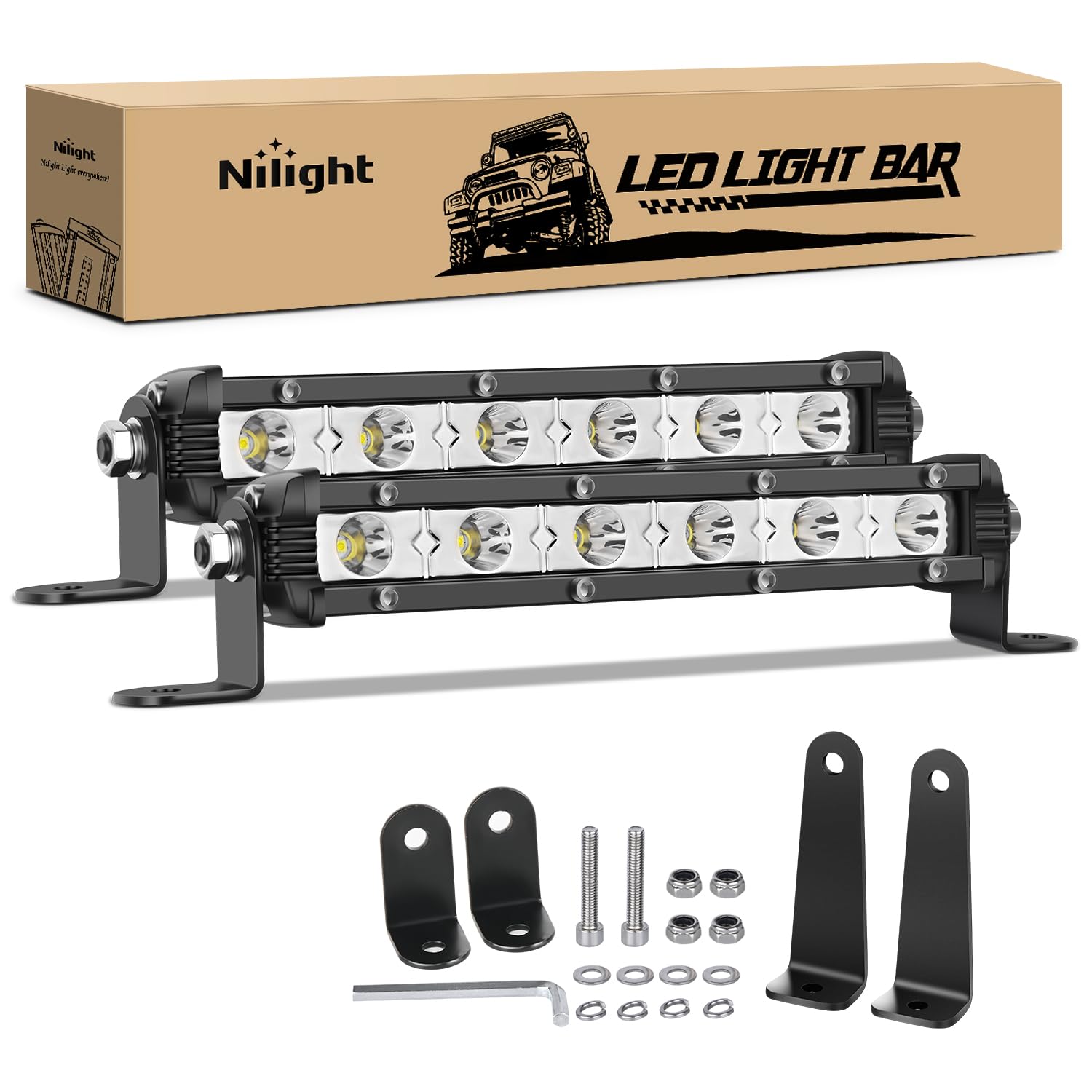 Nilight Single Row Led Light Bar Ultra-Slim Spot Pods 2Pcs 7 Inch 18W Fog Light Driving Work Roof Bumper Lighting For Offroad 4X