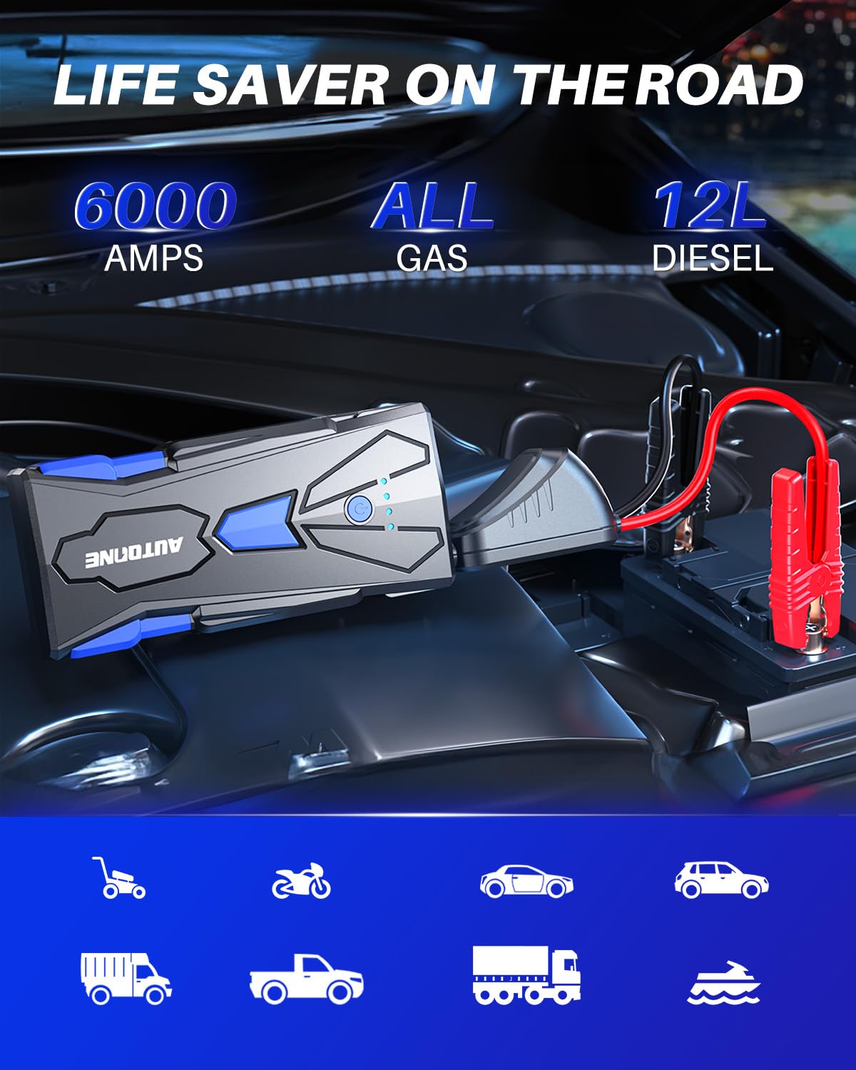 AUTOONE 6000A Car Battery Jump Starter, 12V Portable Jumper Box with USB Output, Model JS02, for Gas & 12L Diesel Engines
