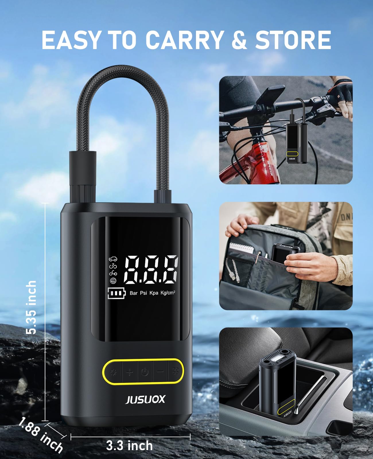 JUSUOX Portable Tire Inflator, 150 PSI Electric Bike Pump with Digital Gauge, Small, Model ATJ-8466, Auto Shutoff, LED Light