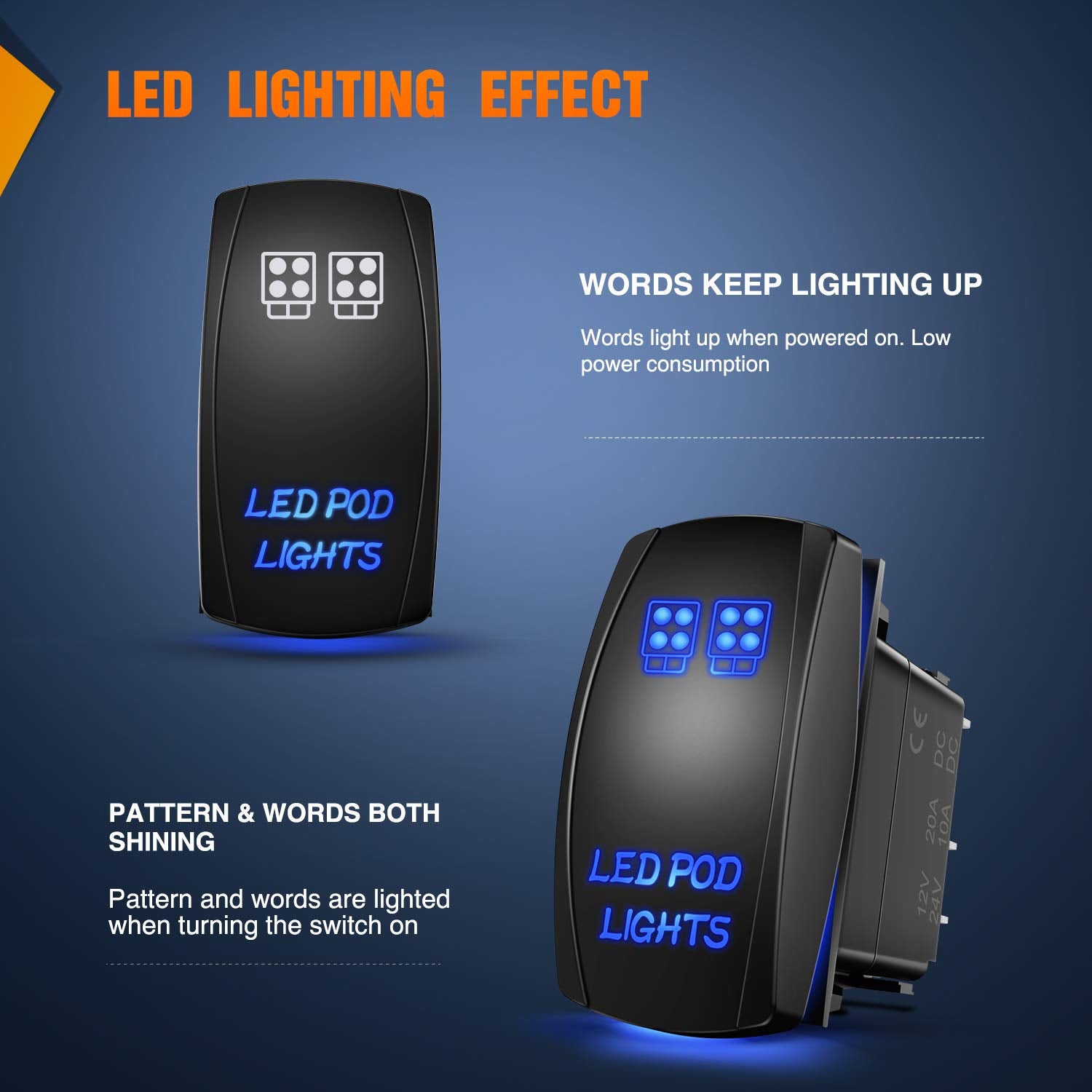 Nilight LED POD Lights Rocker Switch 5Pin 20A/12V, 10A/24V, Blue, Plastic, Model 90158B-A, Jumper Wires Set