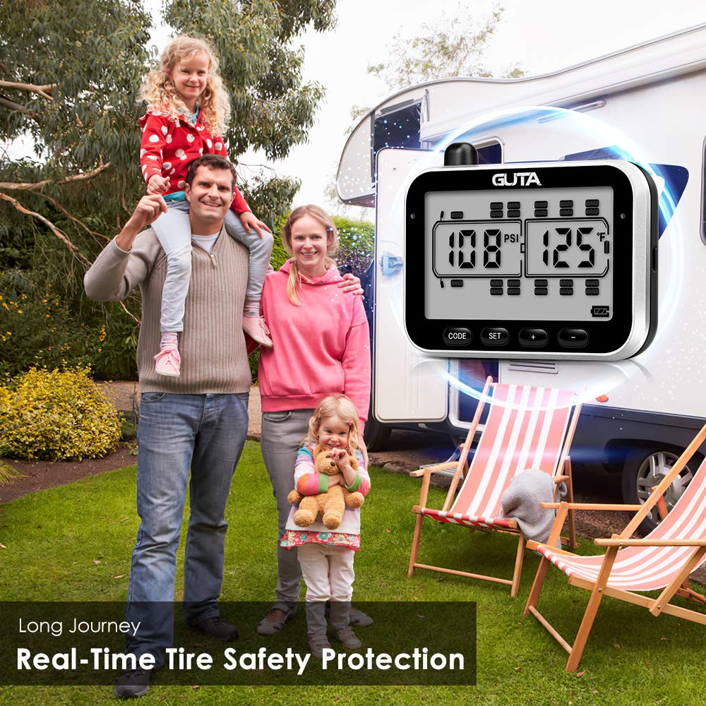 GUTA RV Tire Pressure Monitoring System, 12 Sensors, 80ft Range, Model GT20, 7 Alarm Modes, 14 Days Battery Life