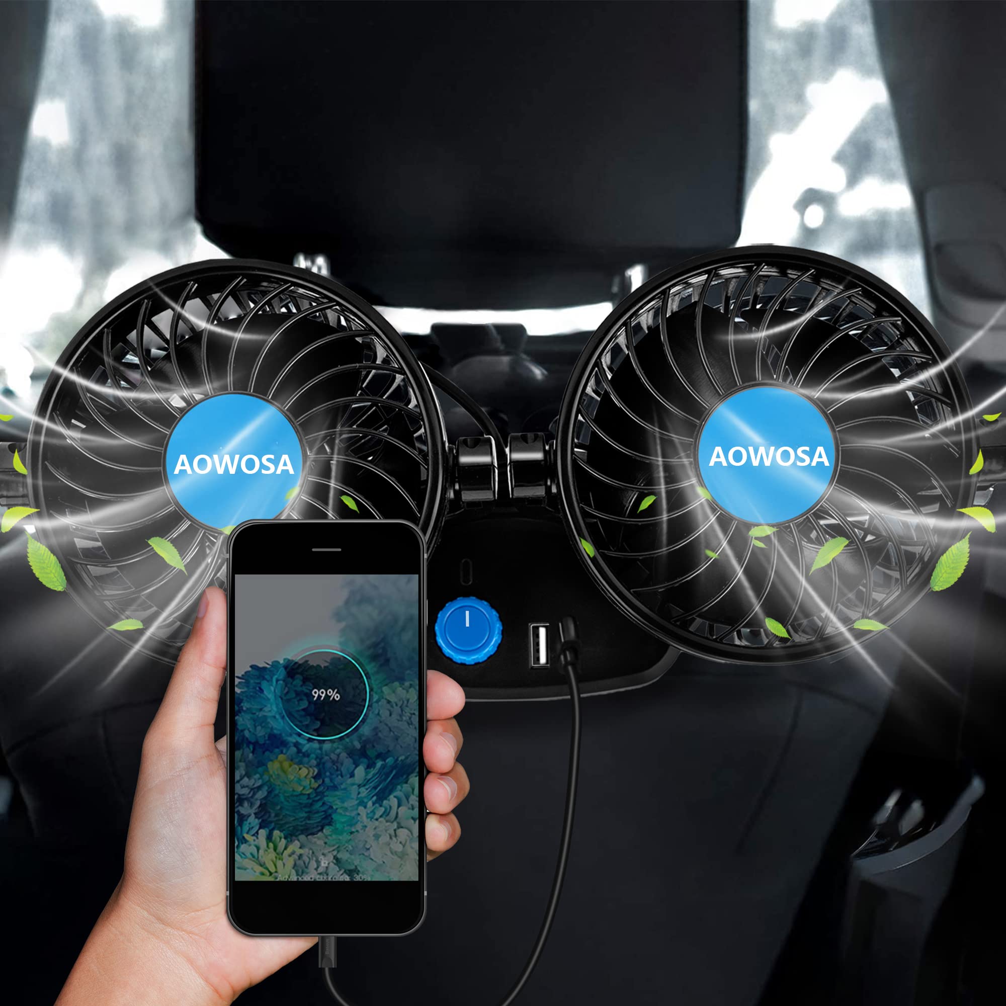 Car Fans 12V Electric Cooling Rear Seat Headrest Vehicle Fan With Cigarette Lighter Plug 2 Speed, 360 Degree Adjustable Dual Hea