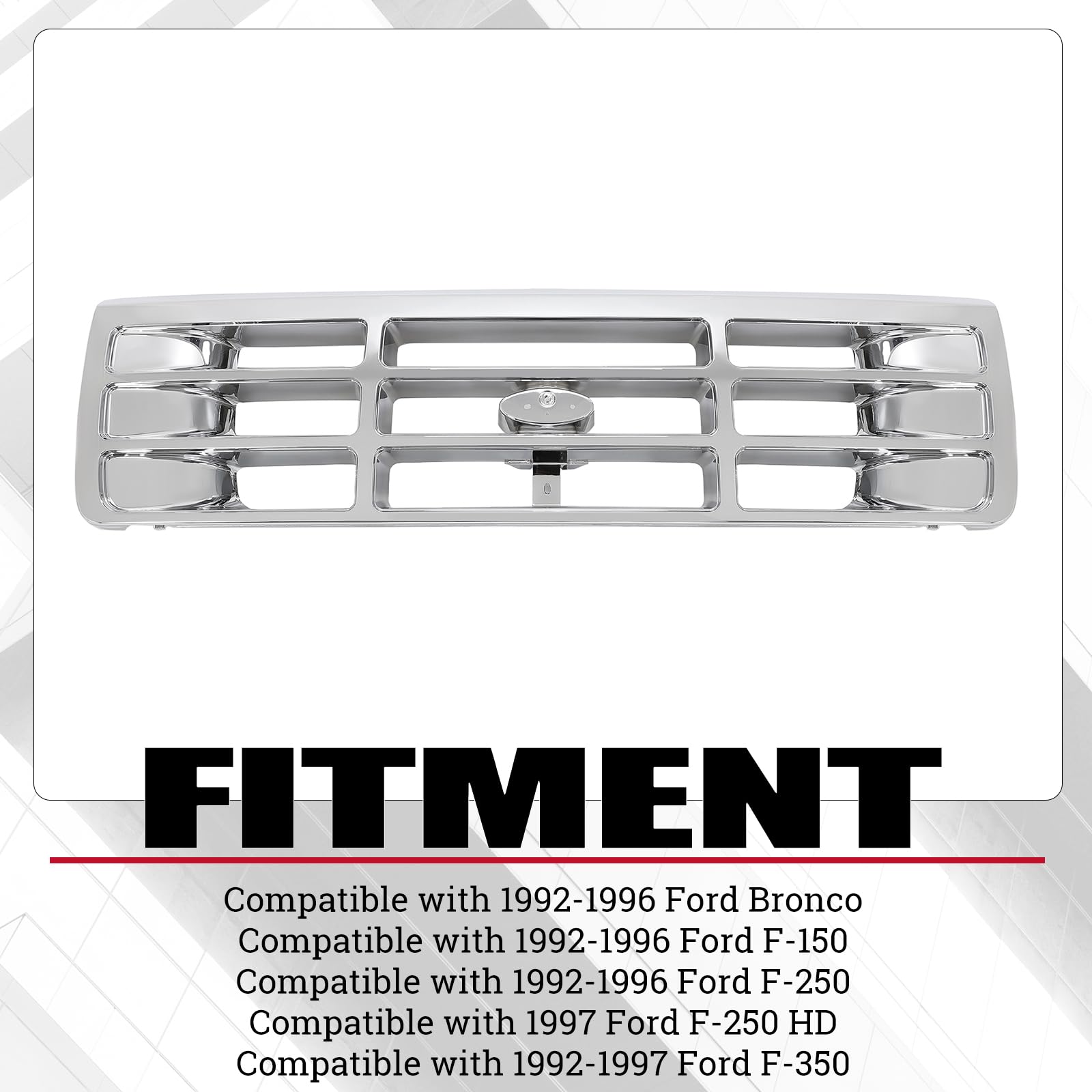 HECASA Front Grille Grill for 1992-1997 Ford Bronco/F-150/F-250/F-350, Chrome Silvery, Model CB-2017, Durable ABS Material